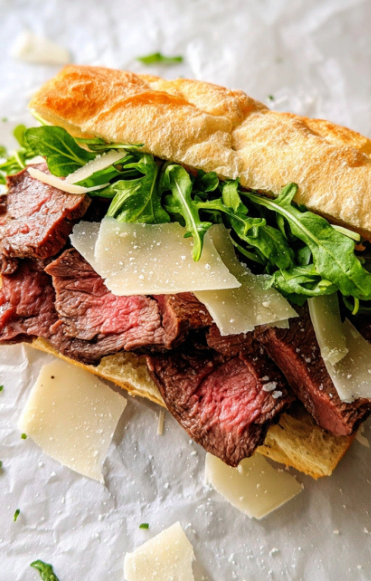 Hearty shaved beef sandwich layered with arugula and parmesan cheese on crusty baguette, ideal for easy meal prep or protein-rich lunch.