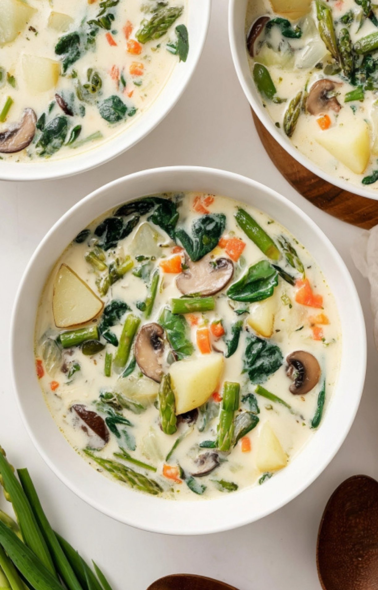 Bowls of French spring soup with creamy broth and a mix of spring vegetables like asparagus, spinach, potatoes, and carrots. Easy, fresh, and perfect for spring soup season.