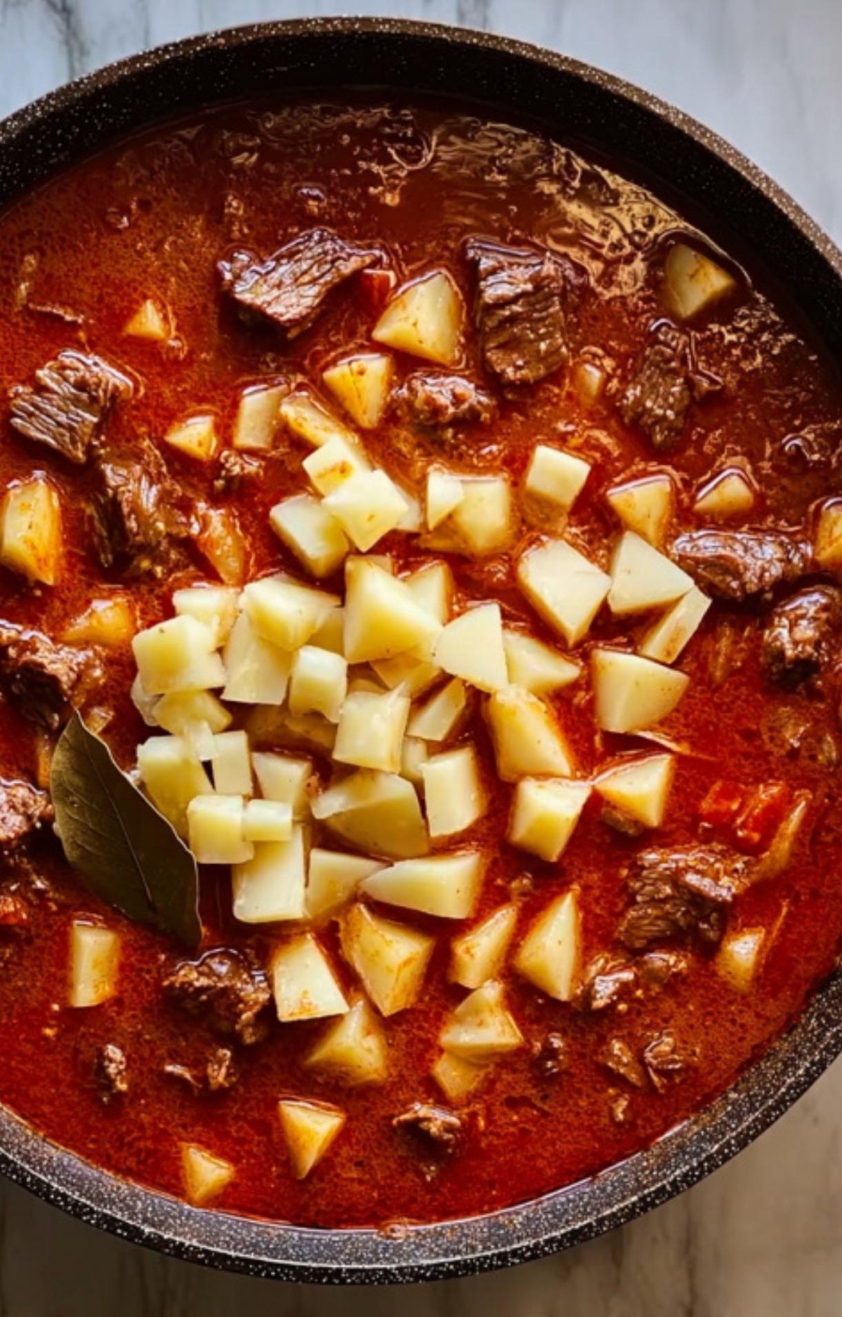 Cubes of potatoes added to simmering beef goulash, making the stew extra hearty and perfect for fall or winter dinners.