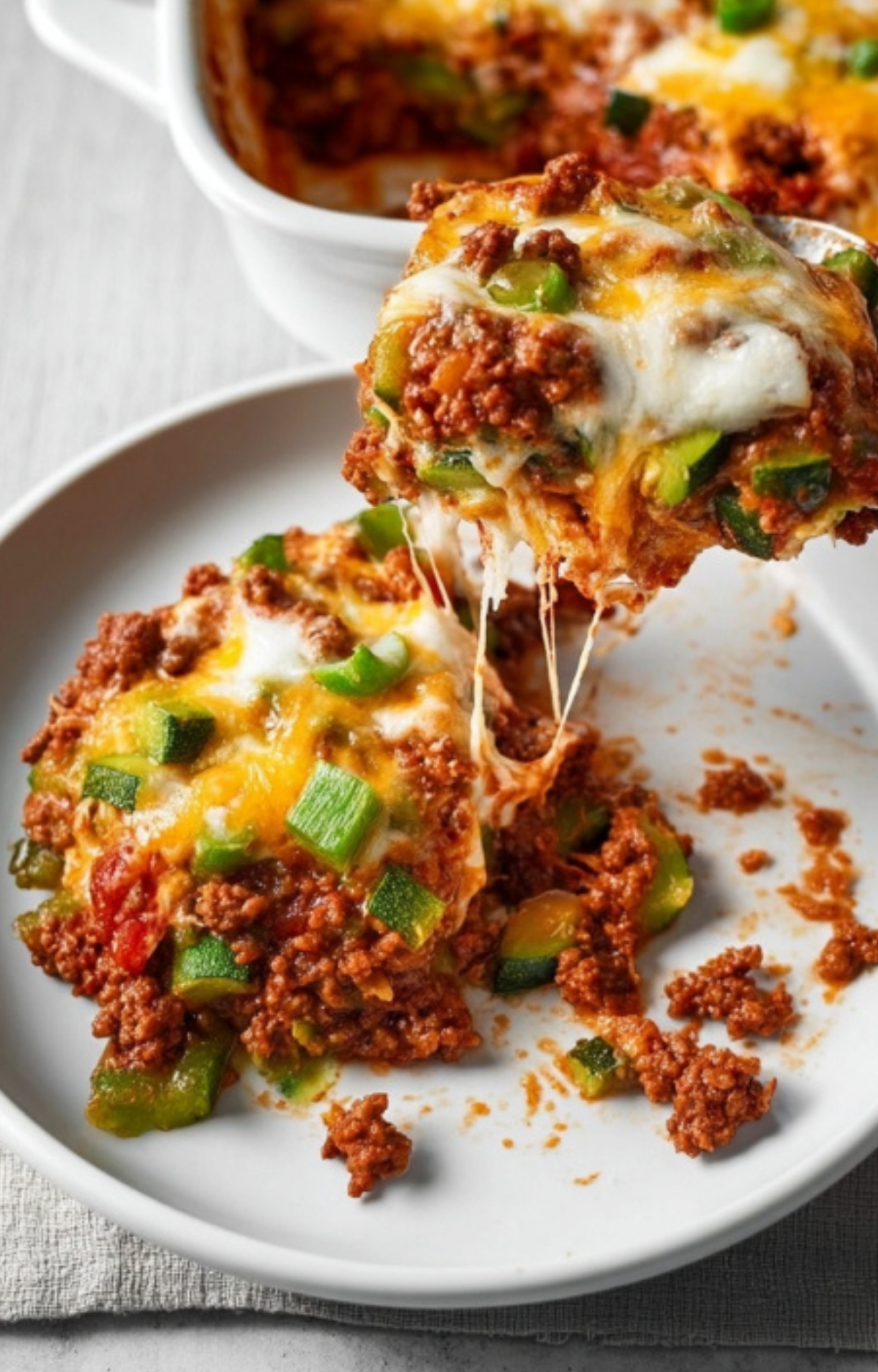 A serving of baked casserole with gooey cheese, ground beef, and fresh peppers lifted onto a plate