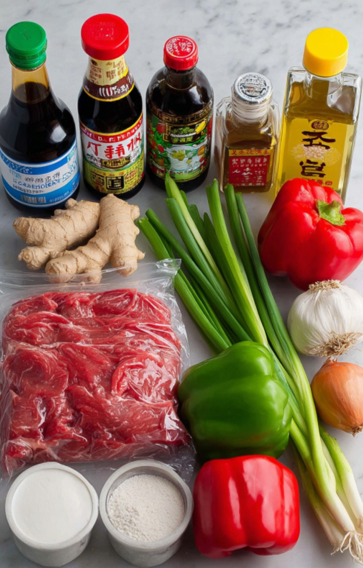 Beef, bell peppers, green onions, ginger, and sauces arranged for a healthy pepper steak dinner.