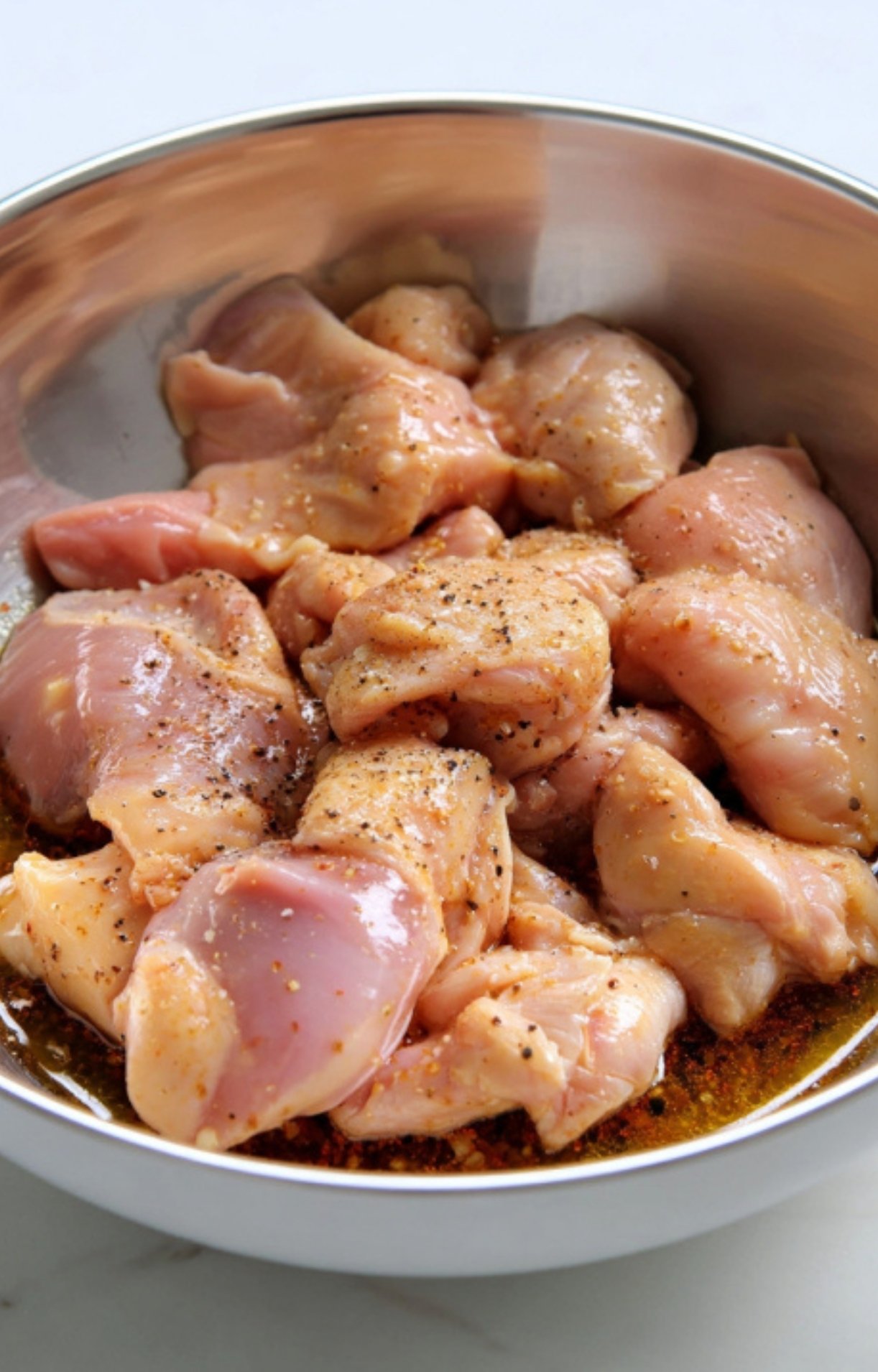 Raw chicken marinated with spices in a metal bowl. Prepping for Filipino caldereta to boost flavor in every bite.