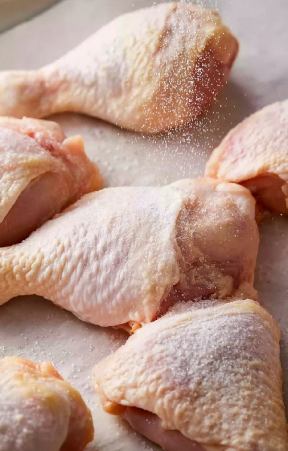 Raw chicken thighs and drumsticks sprinkled with salt before cooking.