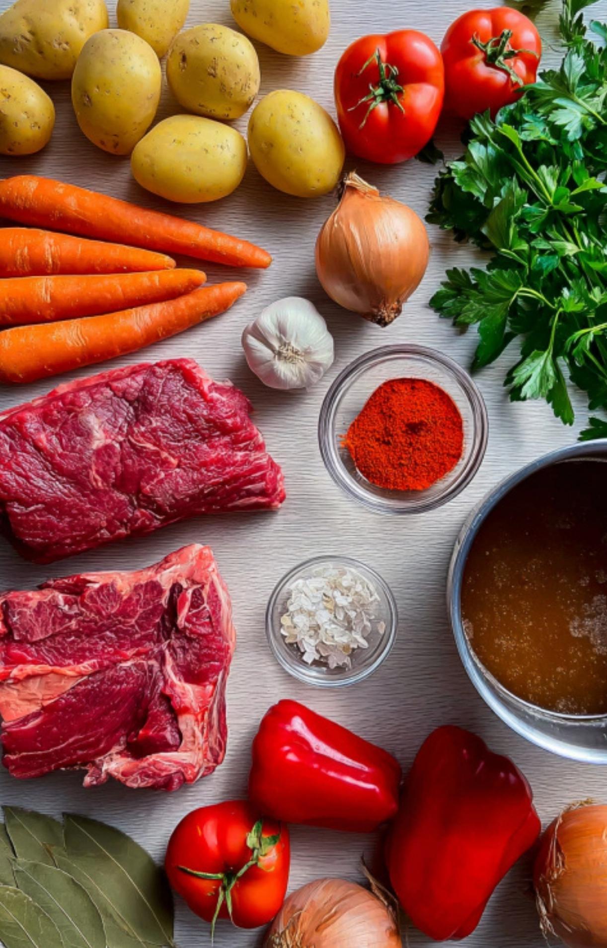 Fresh potatoes, carrots, beef, tomatoes, red bell peppers, onions, garlic, paprika, parsley, and broth arranged for a homemade slow cooker goulash recipe.