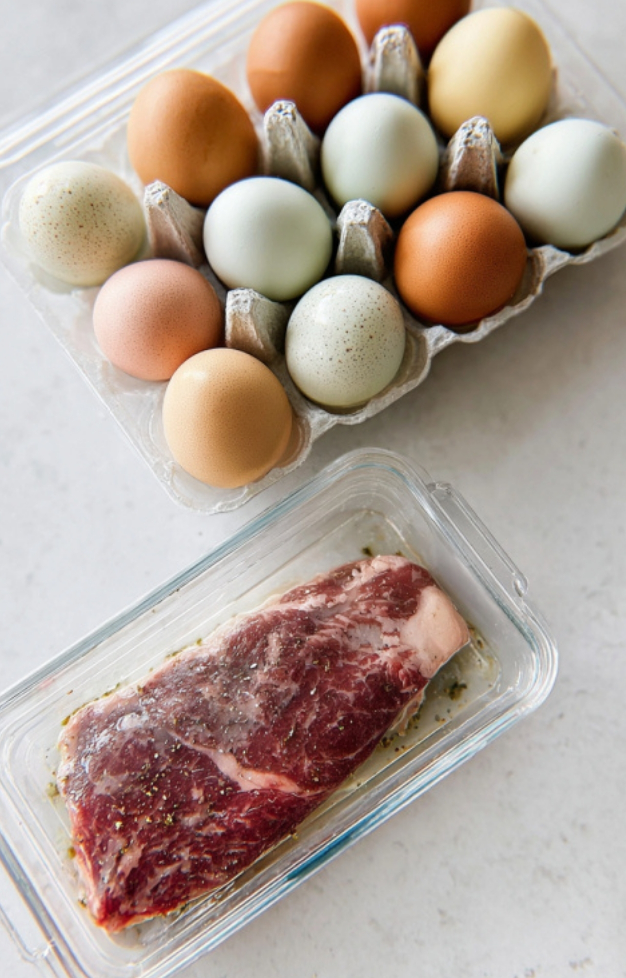 Assorted farm eggs and a marinated steak in containers, showing ingredients for a steak and eggs breakfast.