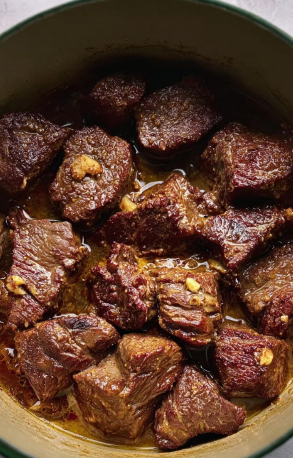 Seared beef pieces in a Dutch oven, golden brown and ready for slow braising in red wine for a classic French comfort meal.