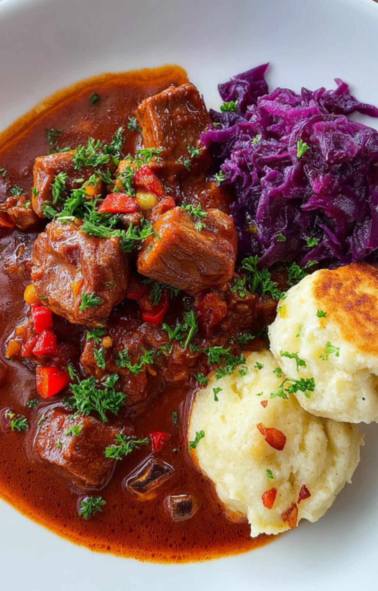 A plate of Gulasch beef goulash served with potato dumplings and tangy red cabbage. The rich paprika gravy and tender beef make it a favorite cozy meal.