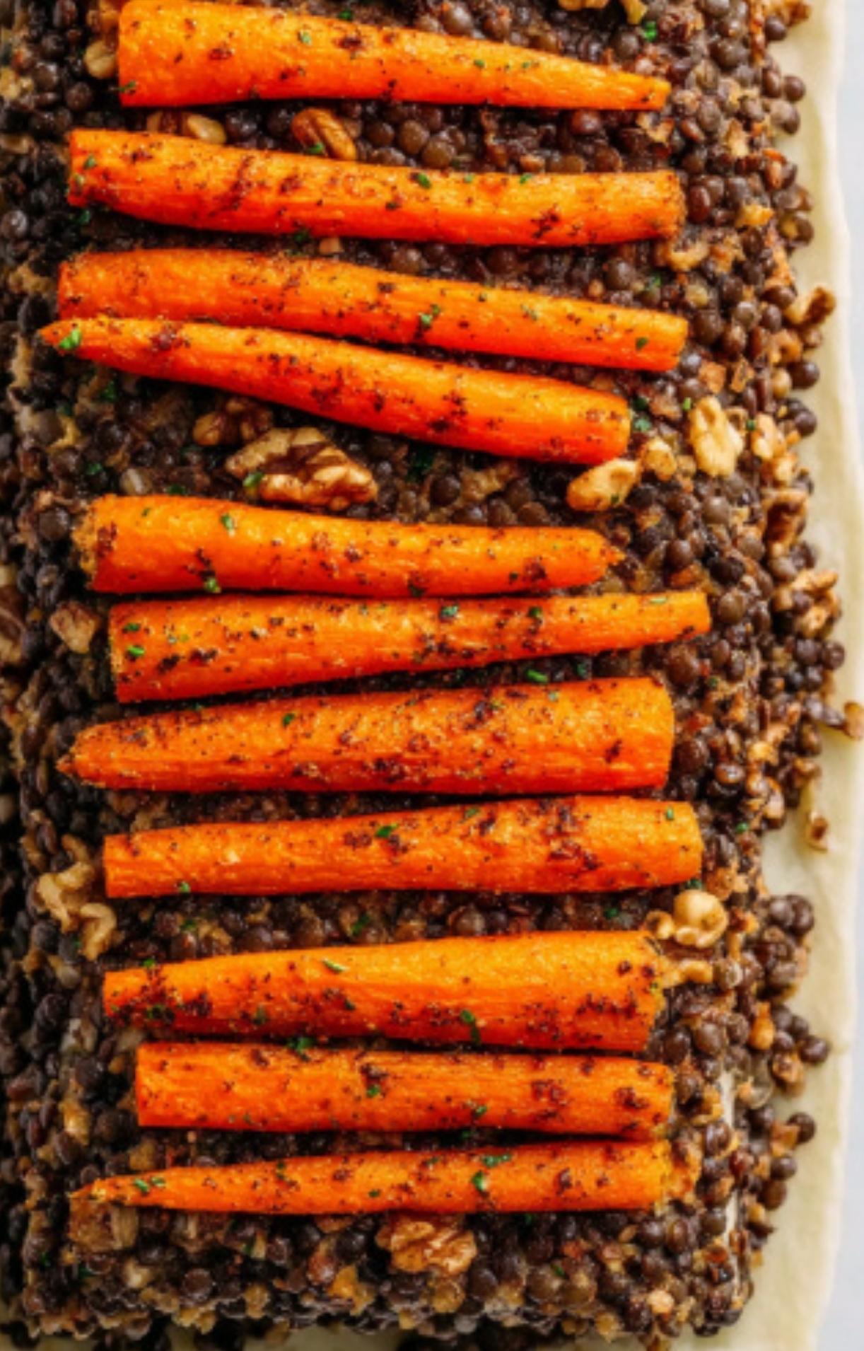 Rows of roasted carrots and savory lentil-walnut filling spread over pastry dough, ready to roll for a delicious plant-based centerpiece.