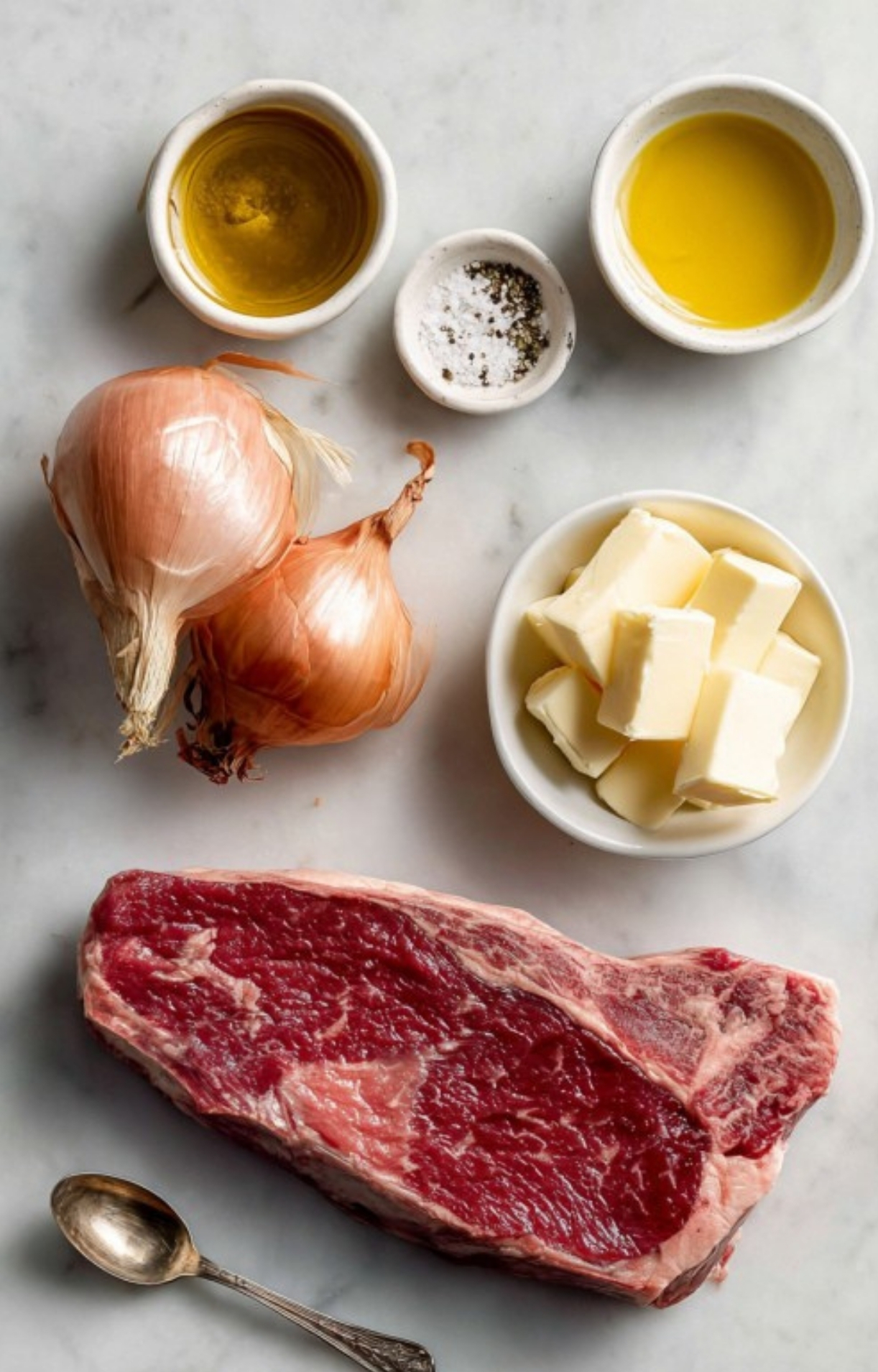 Raw New York strip steak, shallots, butter, olive oil, salt, and pepper arranged for a quick steak strips recipe.