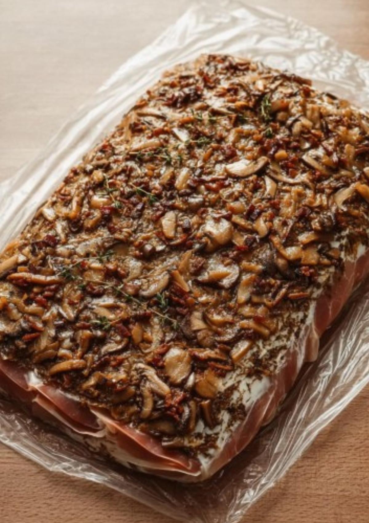 Layer of sautéed mushrooms and prosciutto on plastic wrap, ready to wrap around beef tenderloin for authentic beef wellington flavor.