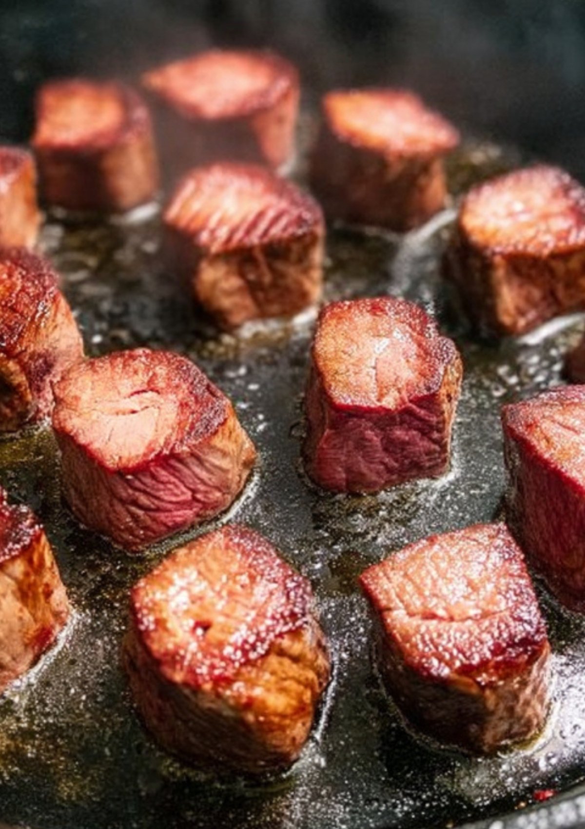 Beef cubes searing in a hot skillet, the first step for juicy, flavorful mini beef wellington appetizers and party food.