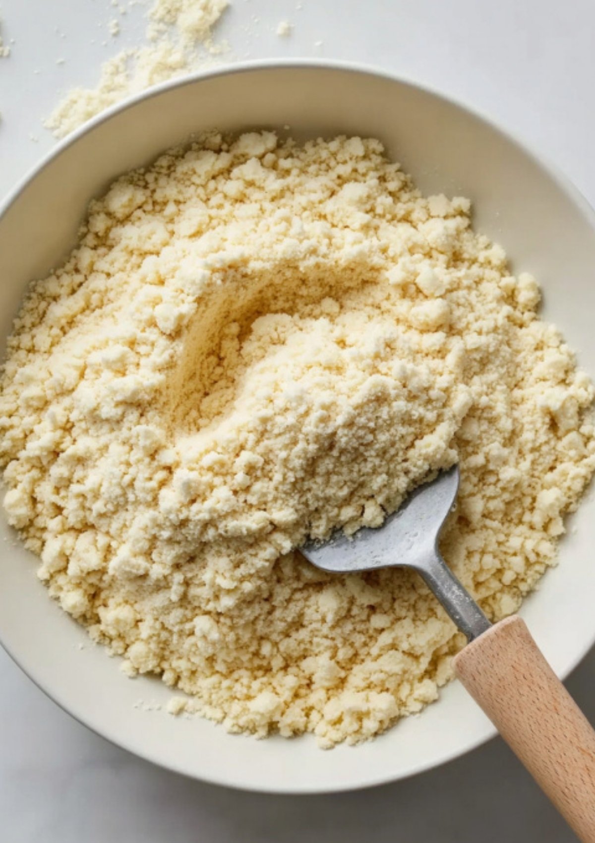 Bowl of gluten free pastry dough crumbs, showing the first step in making dairy free shortcrust pastry for beef wellington.