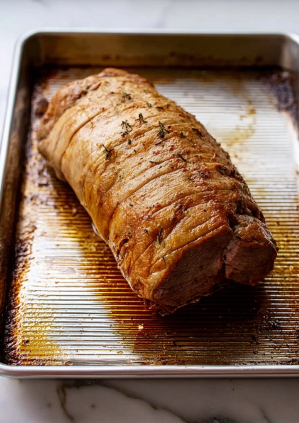 Roasted beef tenderloin resting on a sheet pan with herbs, the perfect main for classic or easy beef wellington recipes.