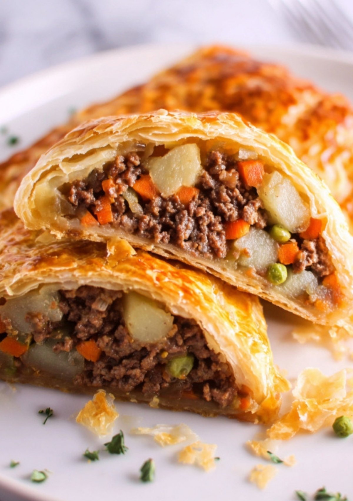 Two stacked slices of Poor Man’s Beef Wellington with a flaky, shiny crust. A family favorite for comfort food lovers and those looking for simple, budget dinners.