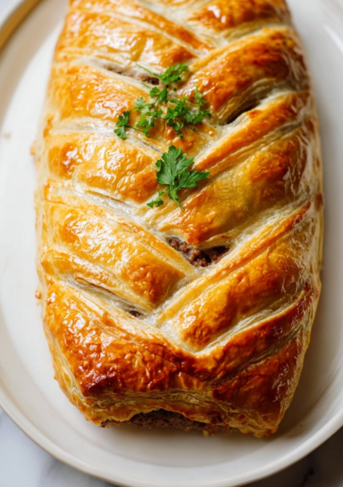 Baked ground beef wellington on a serving platter, topped with fresh parsley, and a beautifully golden crust.