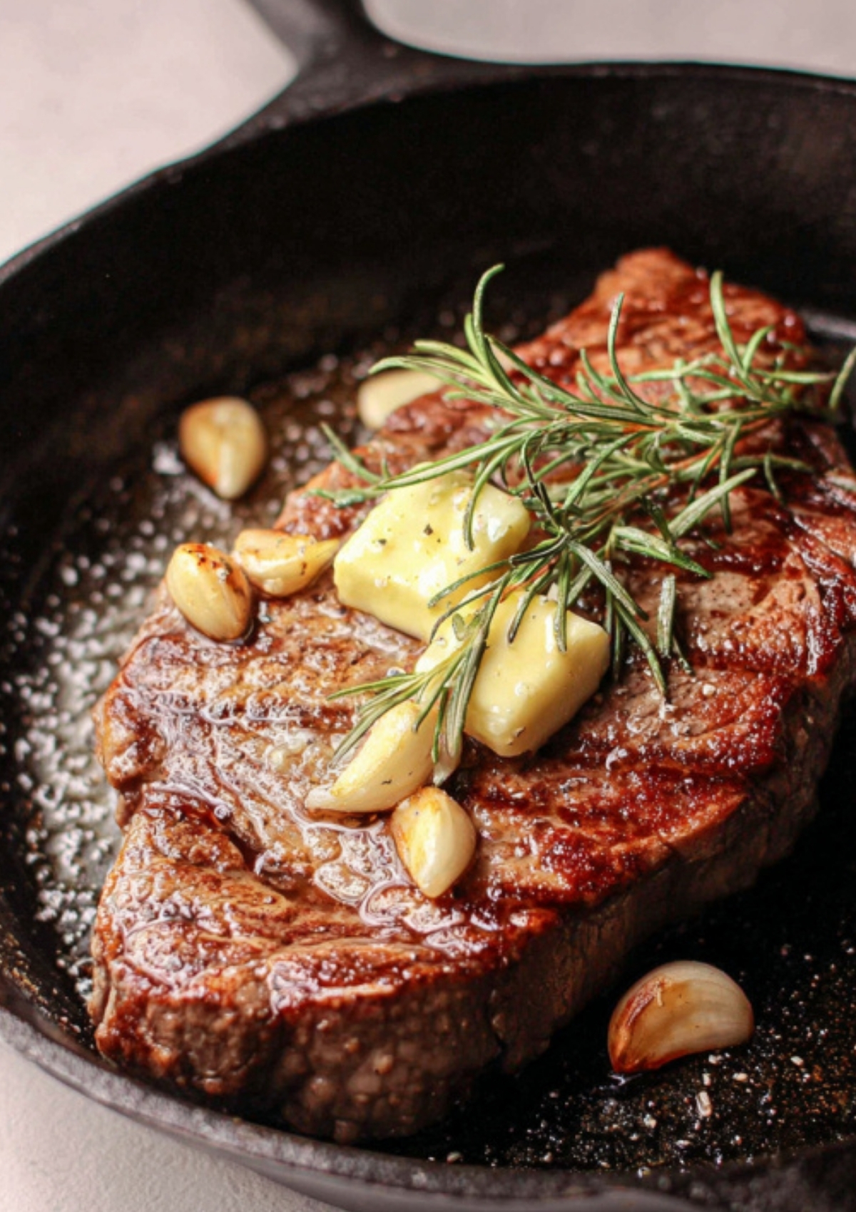 Round steak in a cast iron skillet with garlic, butter, and rosemary for a rich, flavorful round steak recipe and quick family dinner ideas.