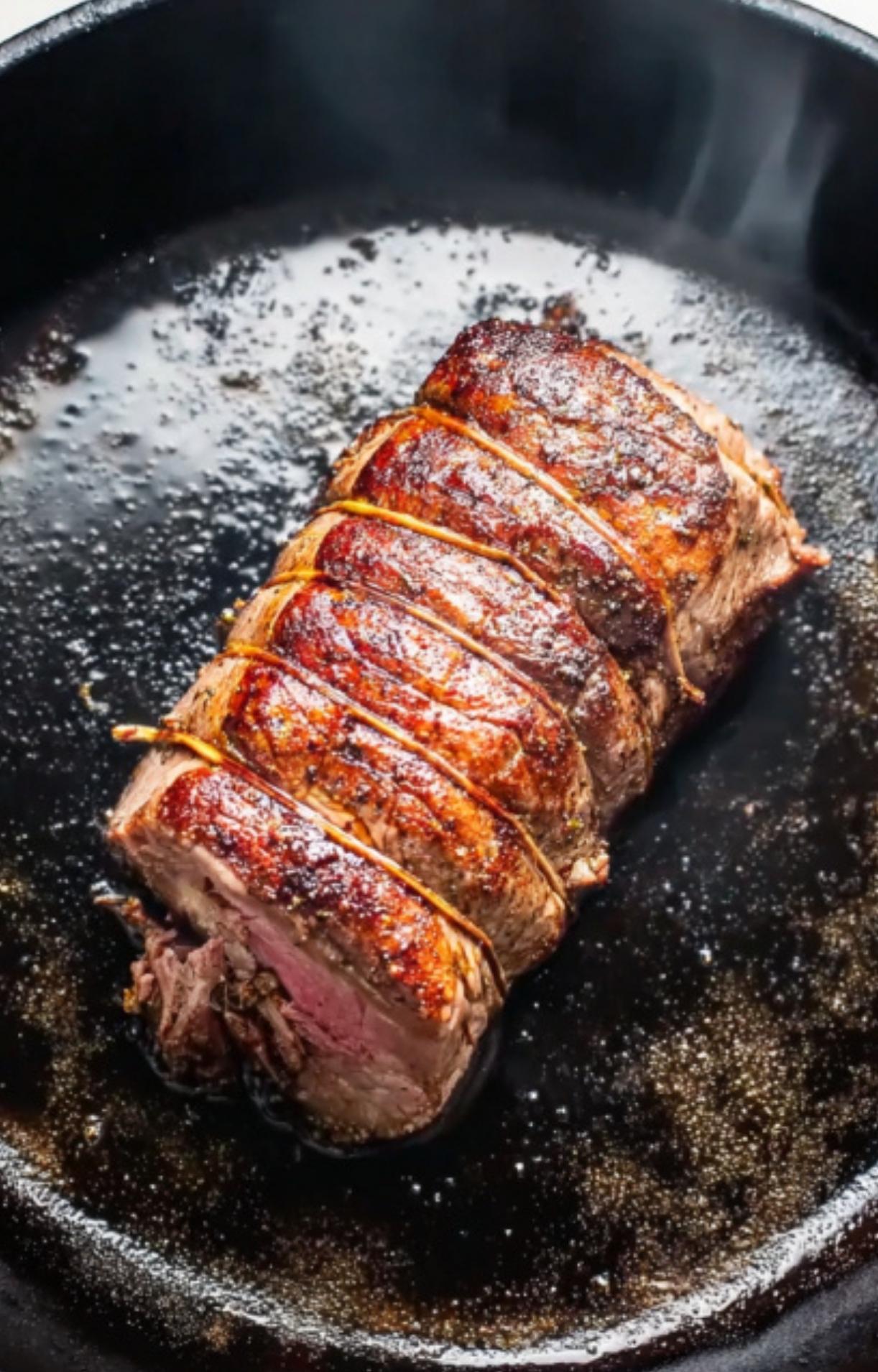 Beef tenderloin seared in a cast iron skillet, showing the first step for making classic beef wellington without mushrooms