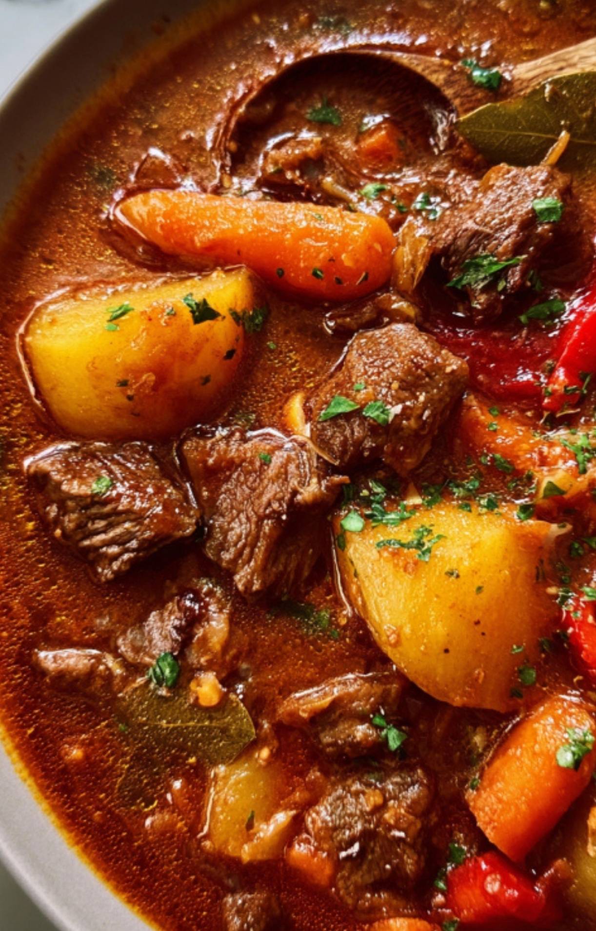 Tender beef chunks, potatoes, and carrots simmered in rich paprika broth for a cozy Hungarian goulash.