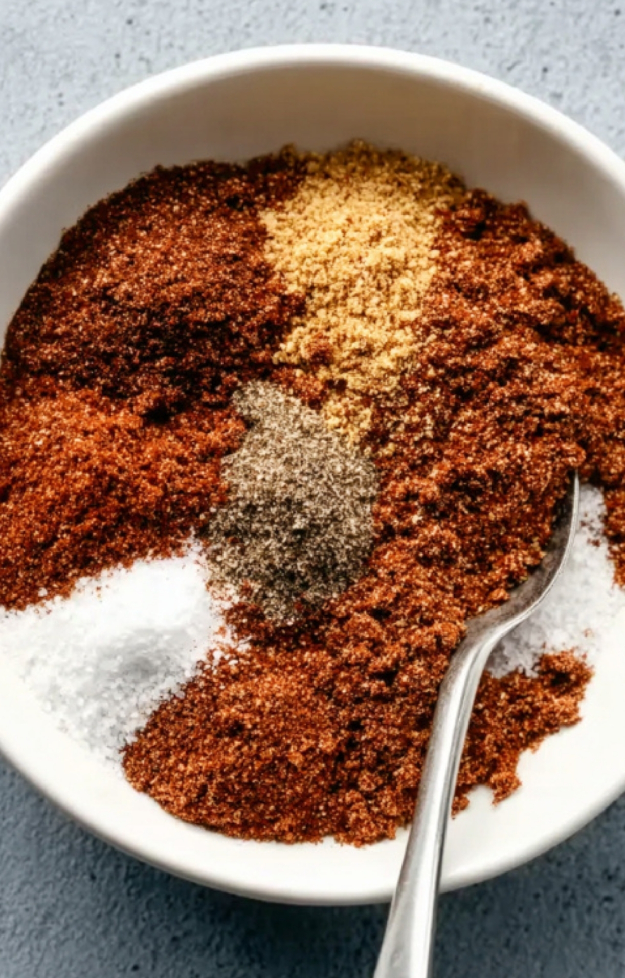 Closeup of chili powder, salt, pepper, and brown sugar in a bowl, ready to mix for steak seasoning.