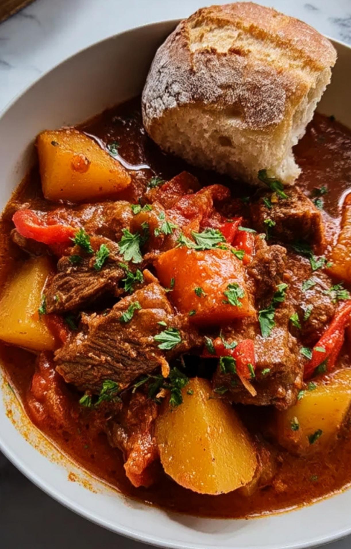 Beef goulash served in a bowl with fresh crusty bread, perfect for dipping into the flavorful stew.