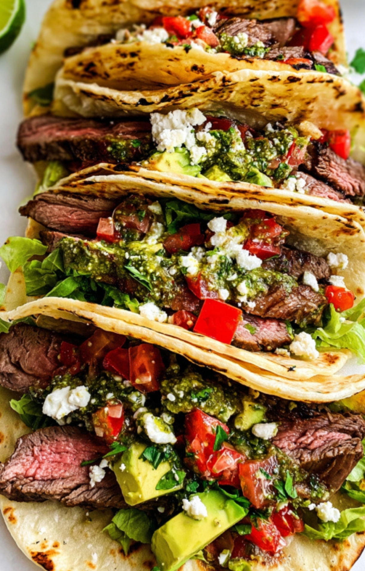 Juicy shaved steak tacos loaded with avocado, fresh tomato, crumbled feta, and homemade chimichurri on grilled tortillas, perfect for family dinner or summer entertaining.
