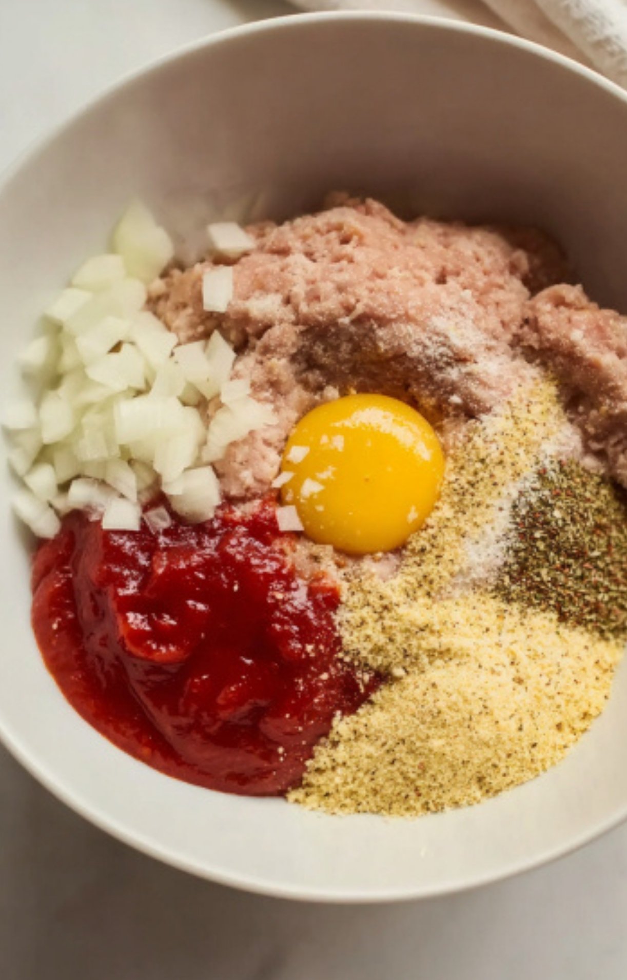 Bowl filled with ground turkey, diced onions, ketchup, an egg yolk, breadcrumbs, and seasonings ready to be mixed for Salisbury steak patties.