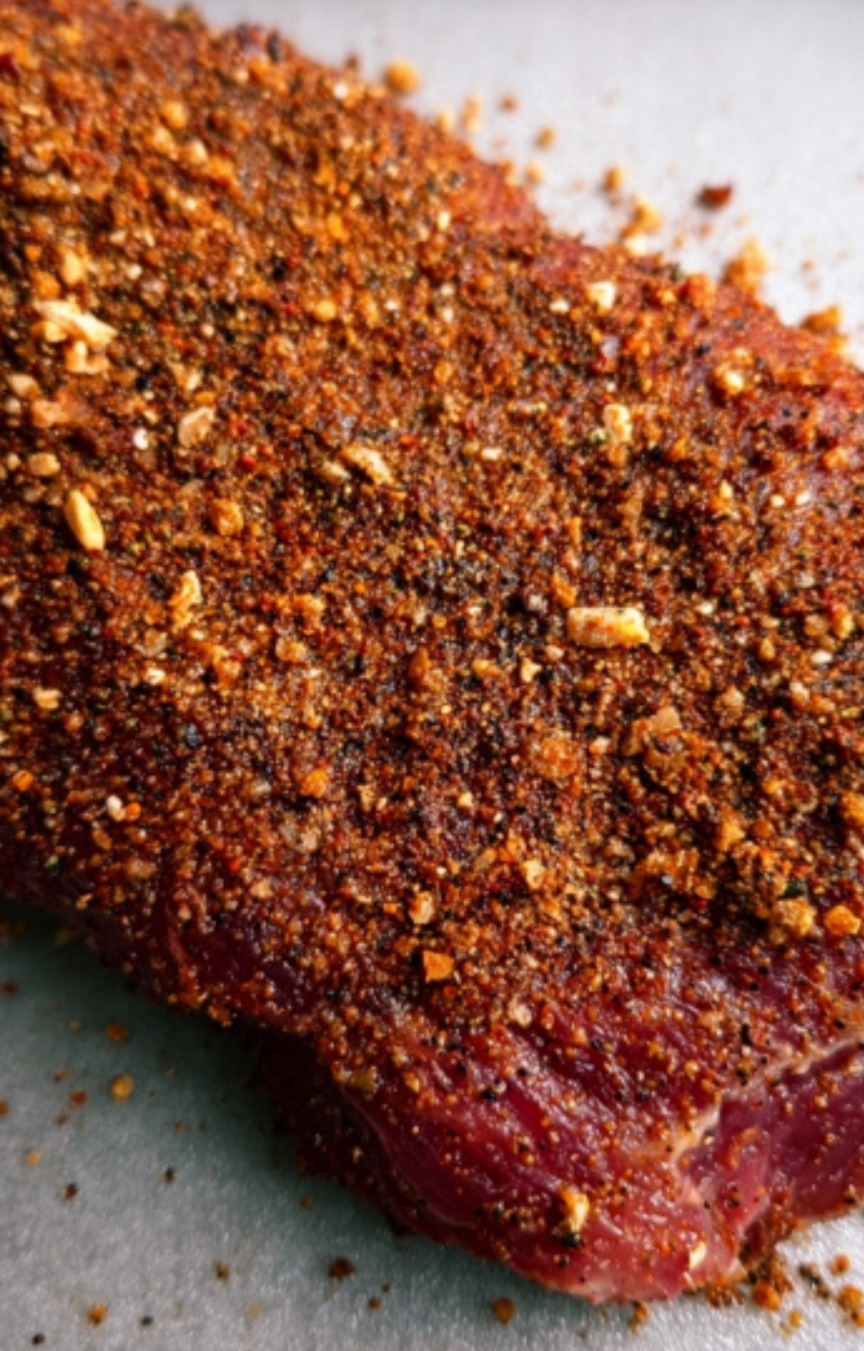 Raw flank steak coated with a bold homemade spice rub, ready to grill for a healthy meal.