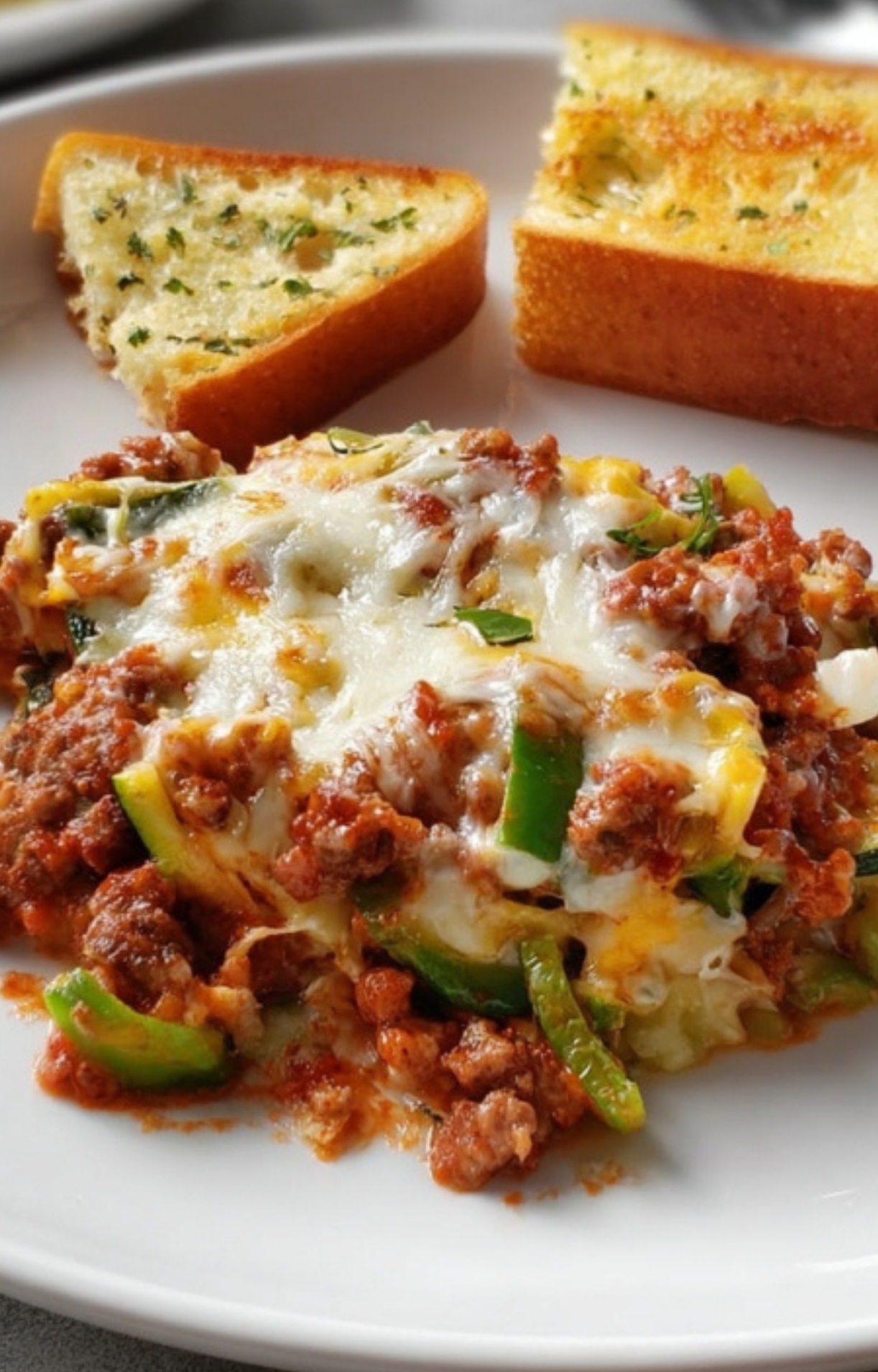 Slice of cheesy zucchini pizza casserole served with golden garlic bread on a plate