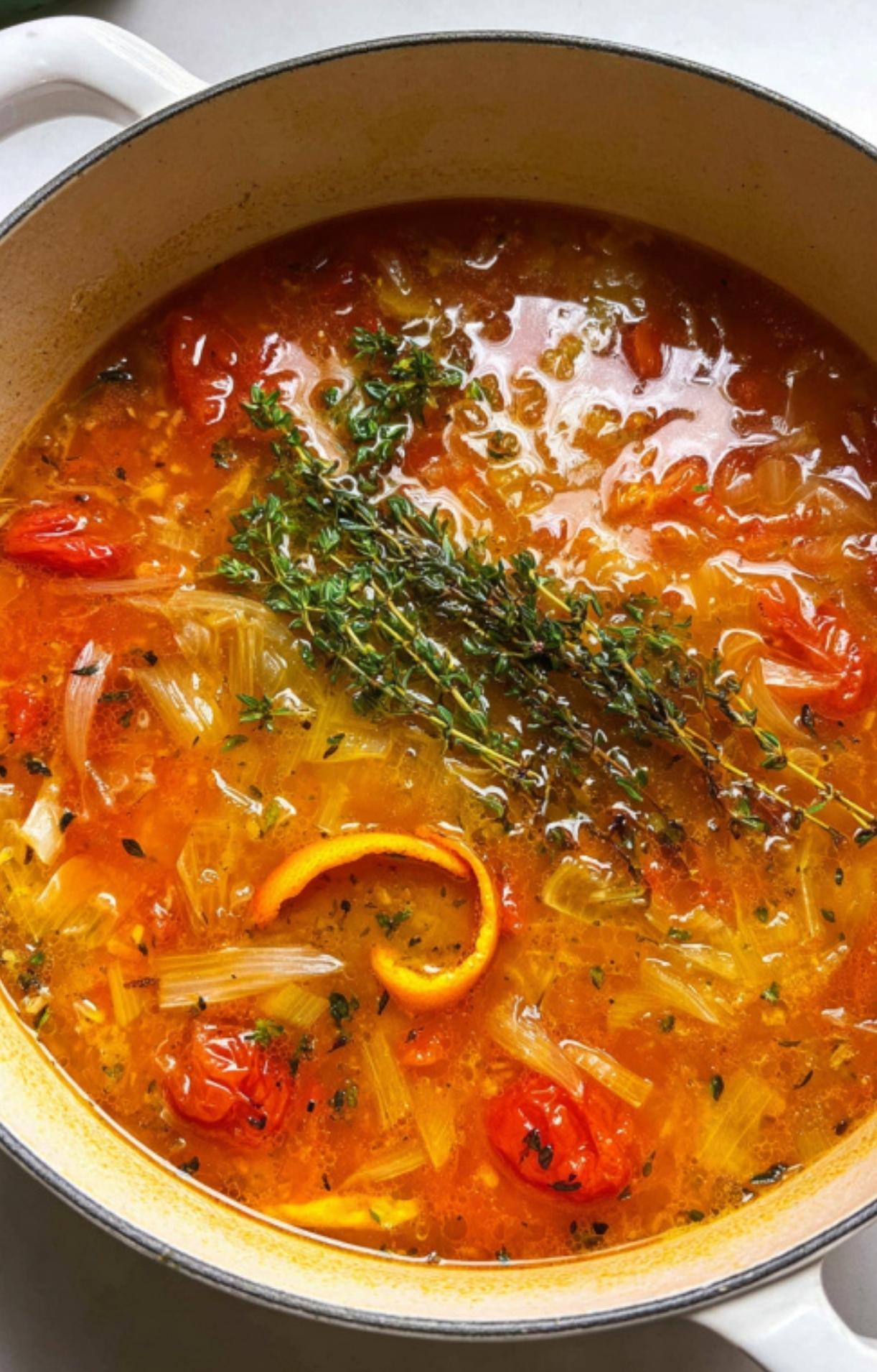Aromatic bouillabaisse broth simmering with onions, fennel, tomatoes, fresh thyme, and orange zest. The essential base for a classic seafood stew and Mediterranean comfort food.
