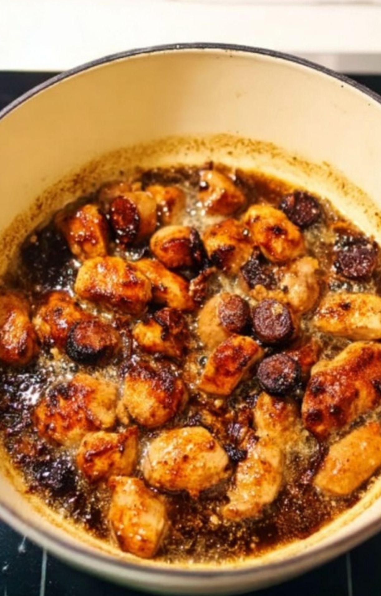 Chicken and sausage pieces browning in a pot, getting golden and crisp, ready to be added to a French bean stew.