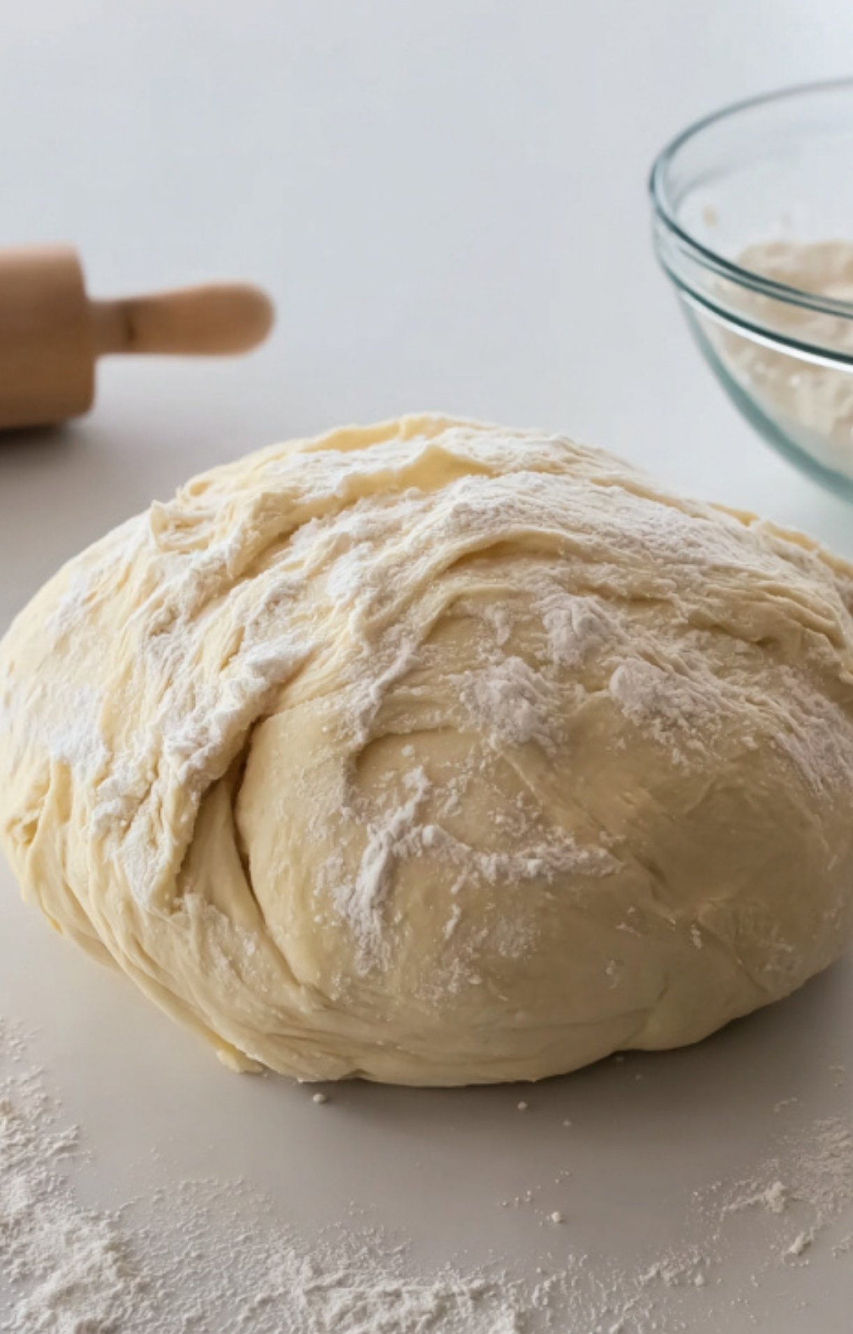 A mound of homemade gluten-free dough on a floured surface, ready to wrap around beef wellington for a gluten free and holiday-friendly main dish.