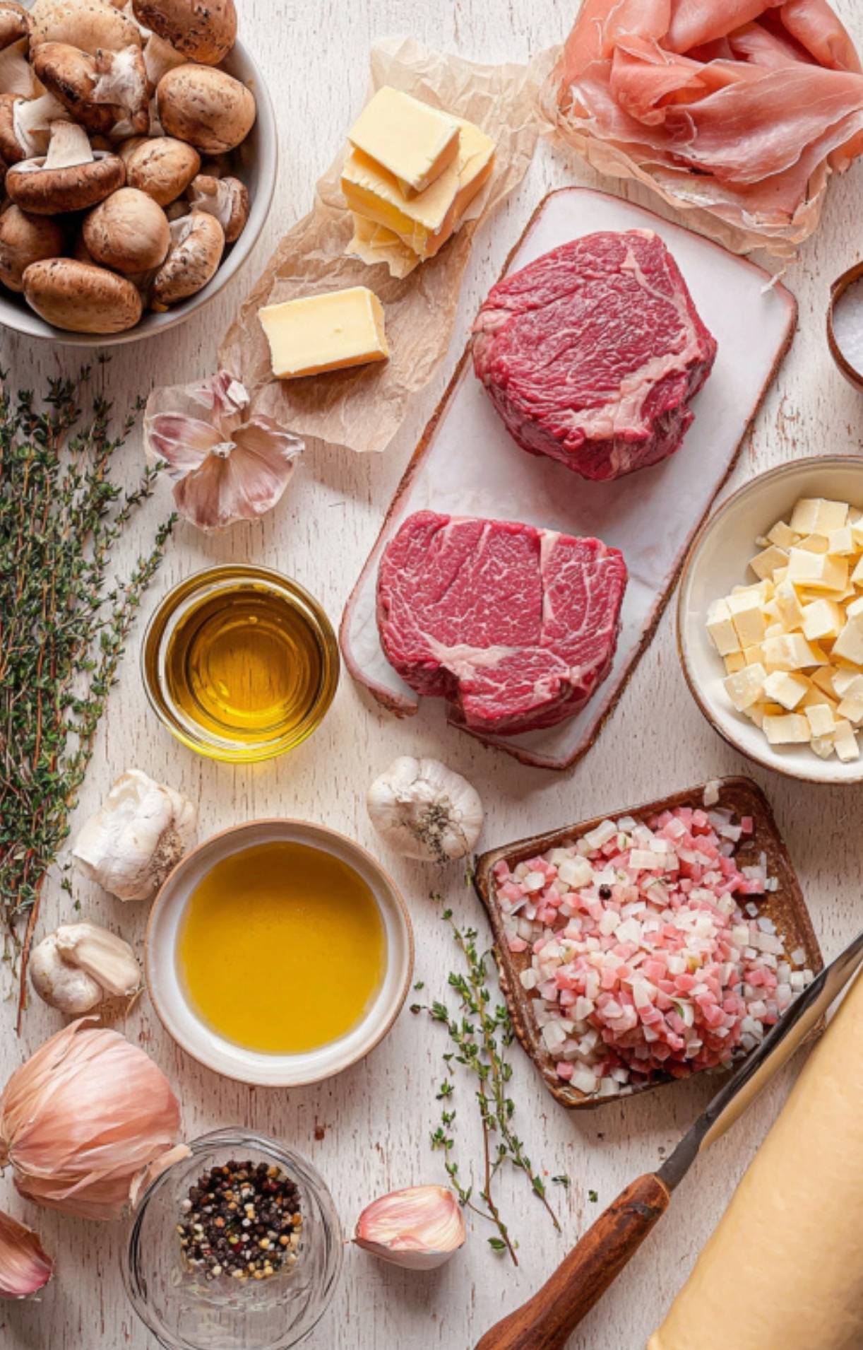 A spread of fresh ingredients for beef Wellington including filet mignon, cremini mushrooms, prosciutto, butter, shallots, garlic, herbs, and puff pastry on a white table.