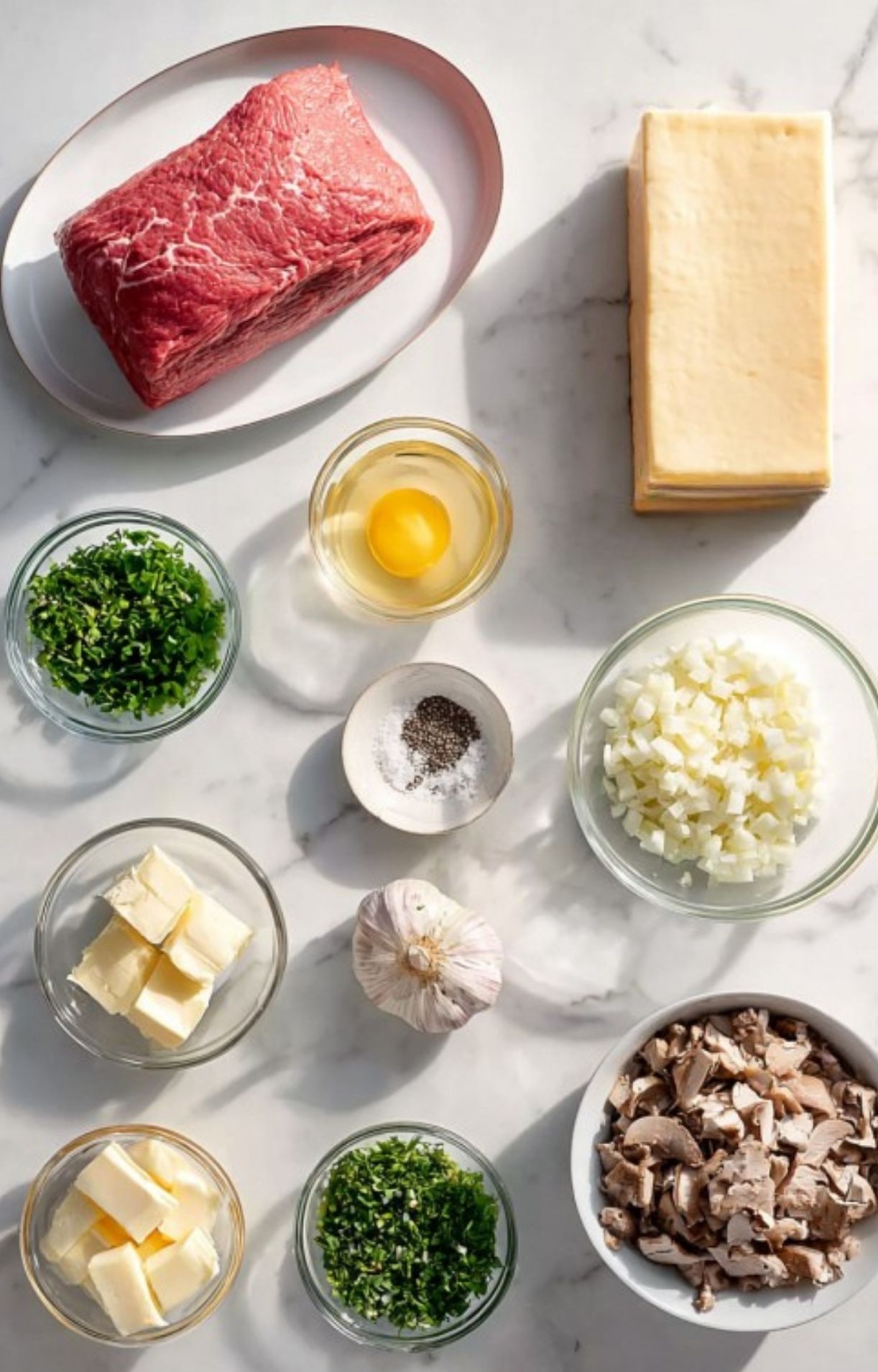 Ingredients for classic beef wellington arranged on a marble surface, including beef tenderloin, puff pastry, eggs, fresh herbs, butter, onions, mushrooms, and garlic. Everything you need for an elegant holiday or date night dinner.