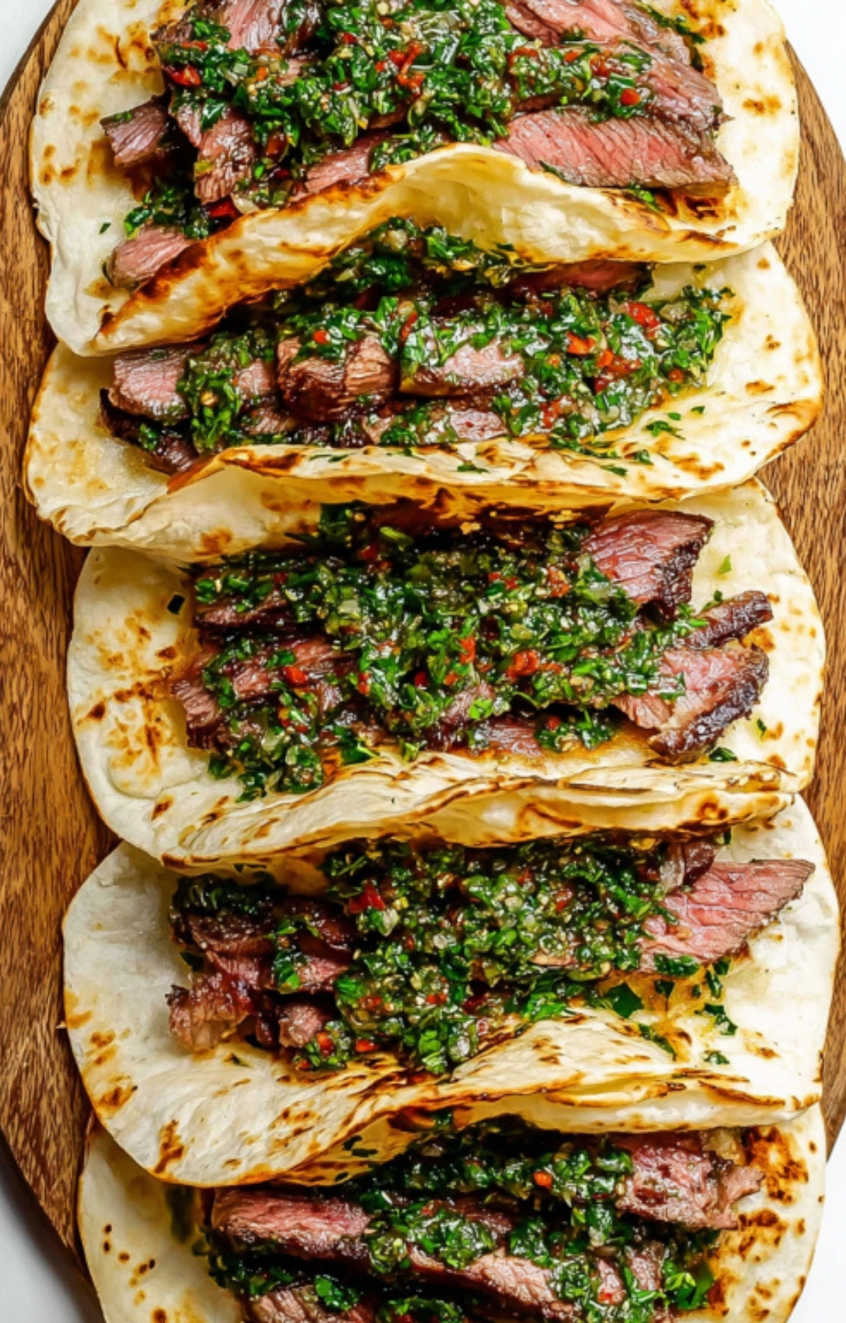Shaved steak tacos topped with vibrant homemade chimichurri, great for summer grilling, easy dinners, and fiesta-inspired recipes.