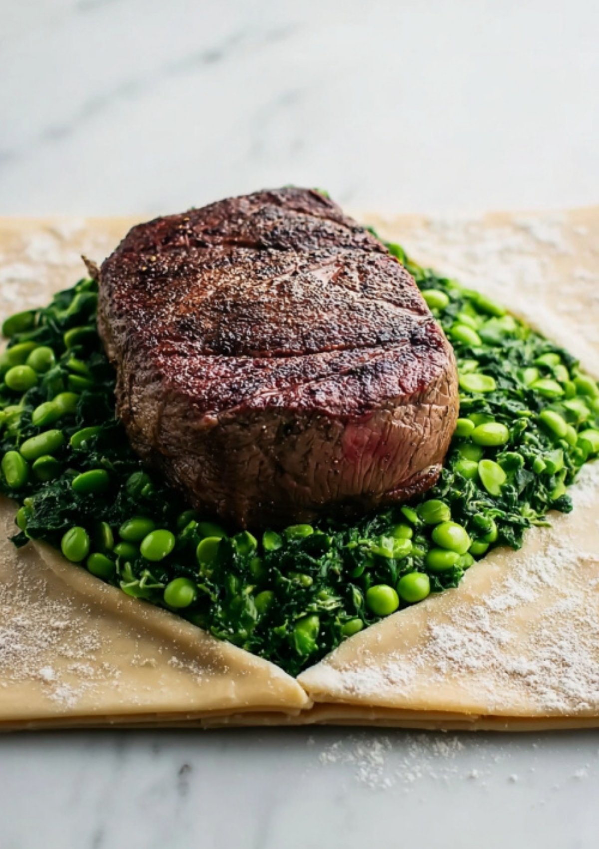 Filet mignon resting on a bed of spinach and edamame, prepared for beef wellington, step-by-step holiday dinner recipe.