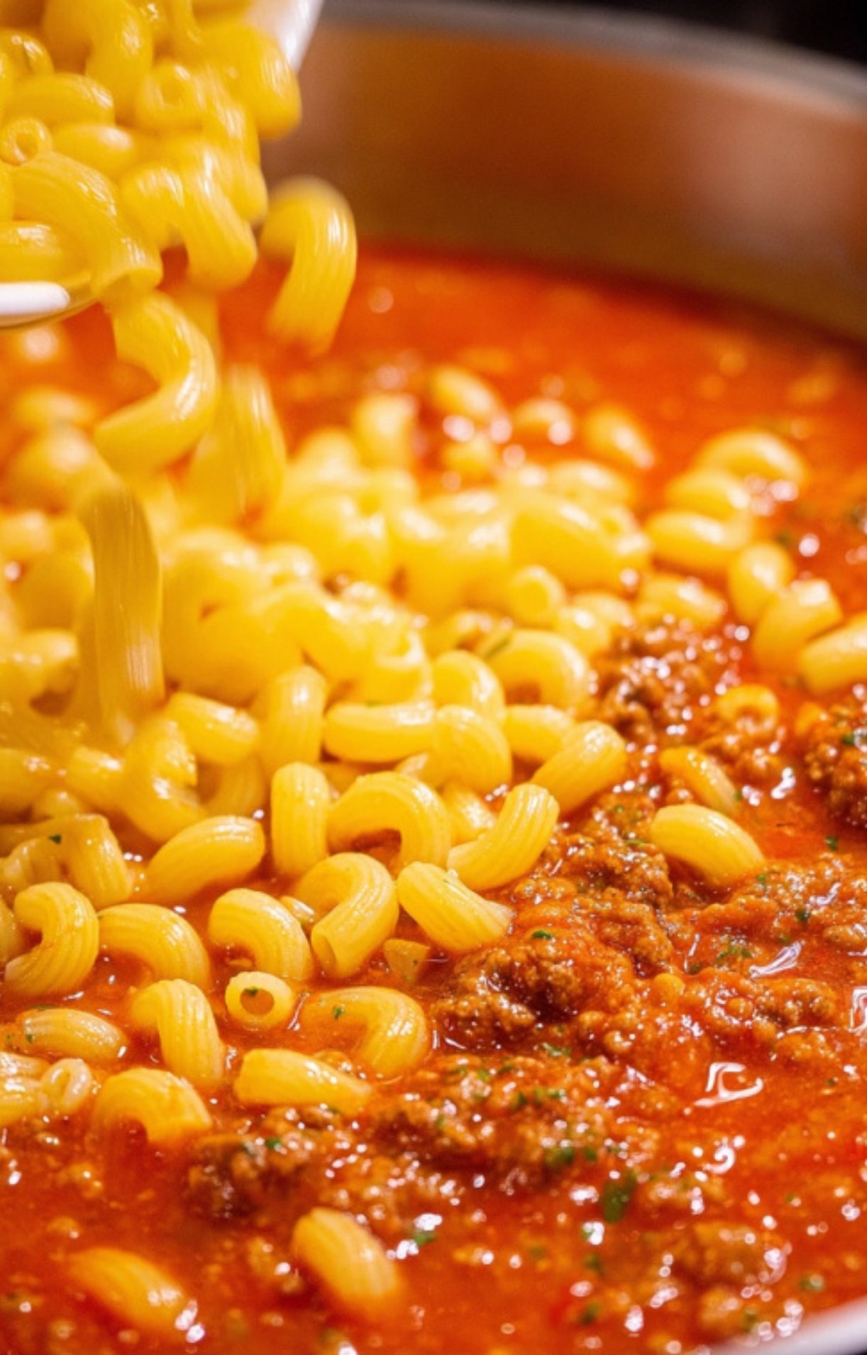 Elbow macaroni being added to a pot of rich beef and tomato sauce for a quick, hearty weeknight meal. Perfect family comfort food and meal prep idea.