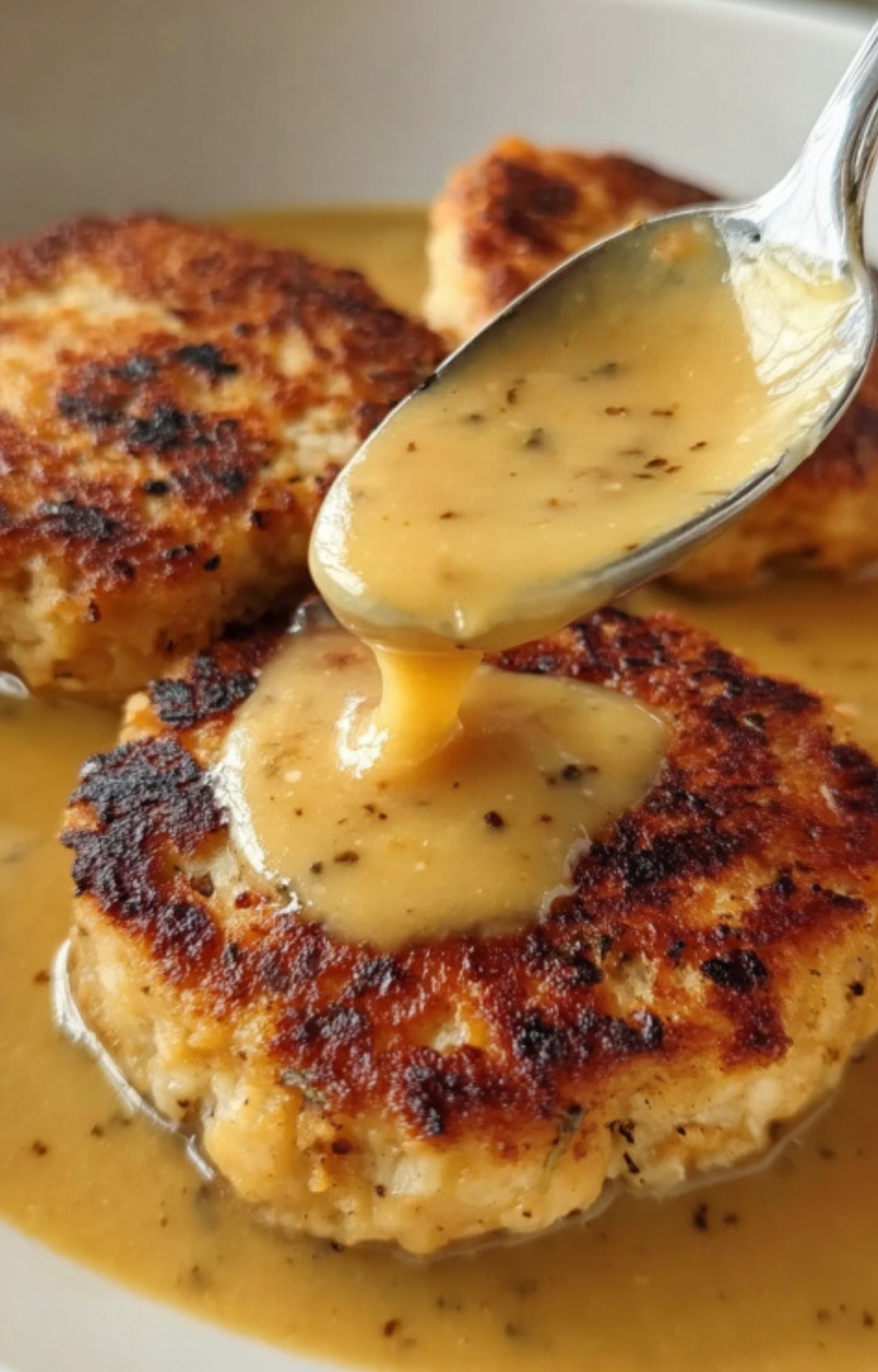Close-up of a spoon drizzling creamy brown gravy over seared turkey Salisbury steak patties in a skillet.