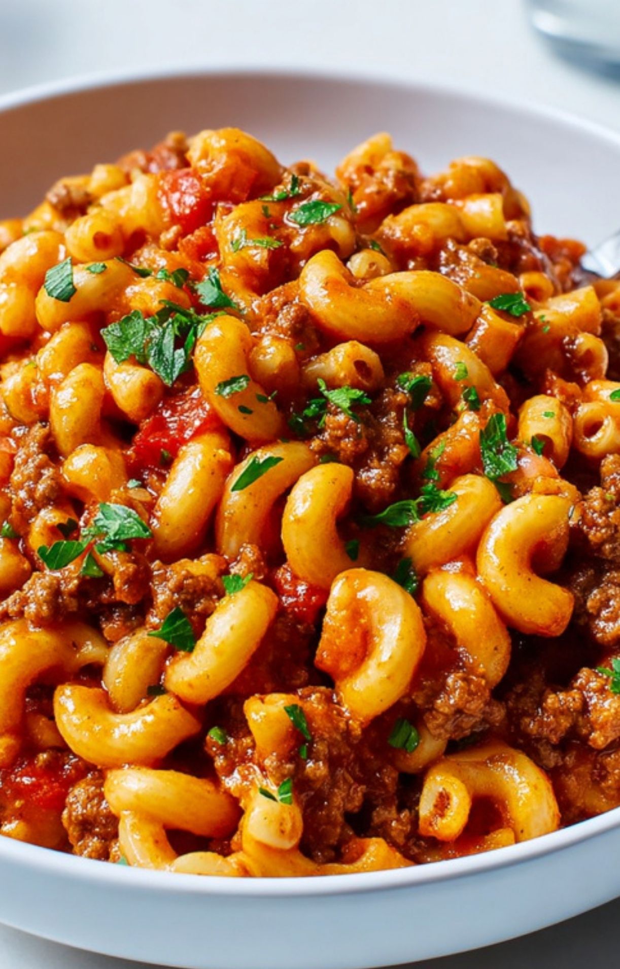 Hearty bowl of cheesy American goulash with tender macaroni and savory ground beef, garnished with parsley. Perfect for fall comfort and back-to-school dinners.
