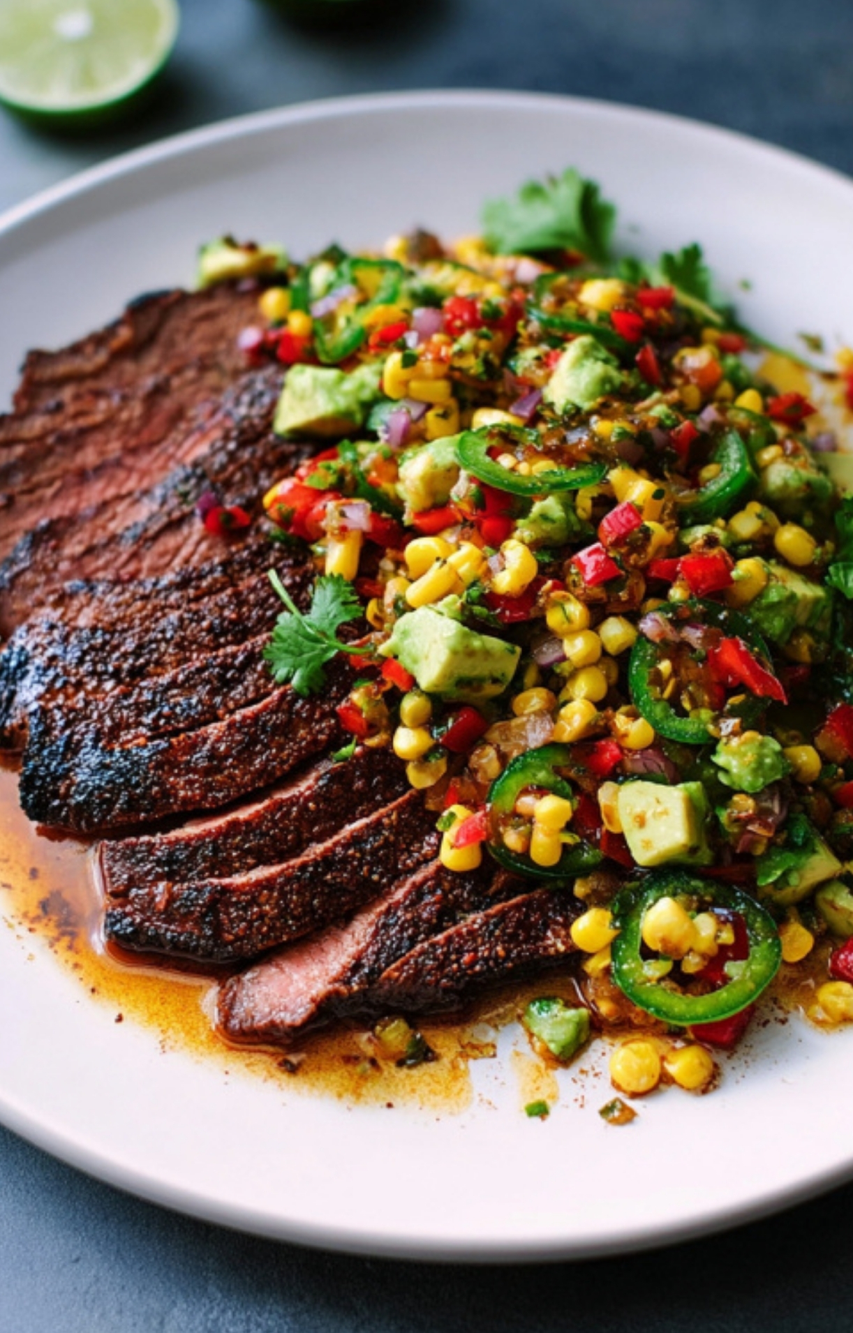 Closeup of sliced steak and corn salsa, highlighting juicy beef and colorful, fresh toppings.