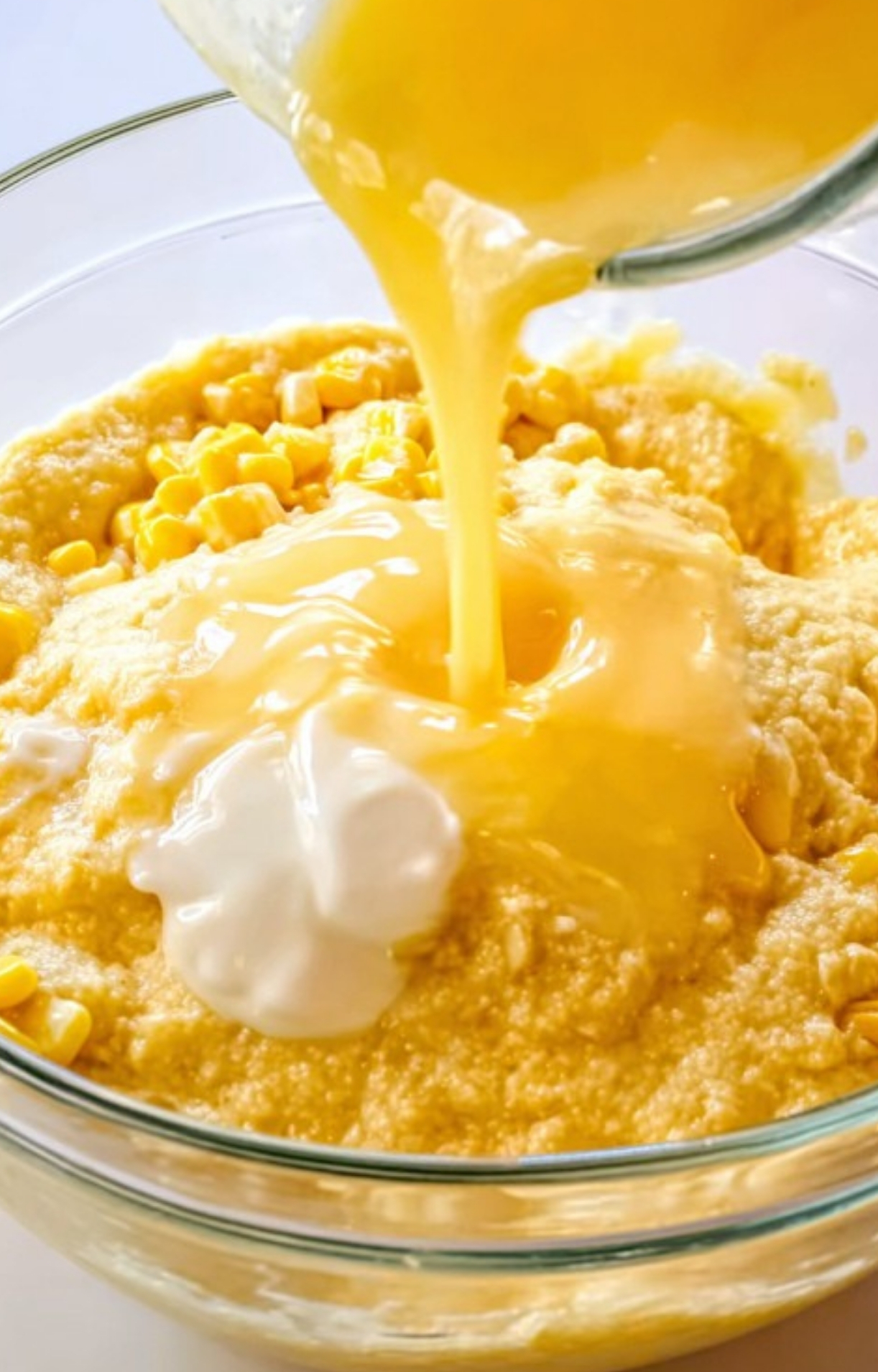 Pouring melted butter and wet ingredients into a bowl of corn and Jiffy mix, showing the quick and easy preparation for Corn Casserole Jiffy Easy, great for beginner cooks.