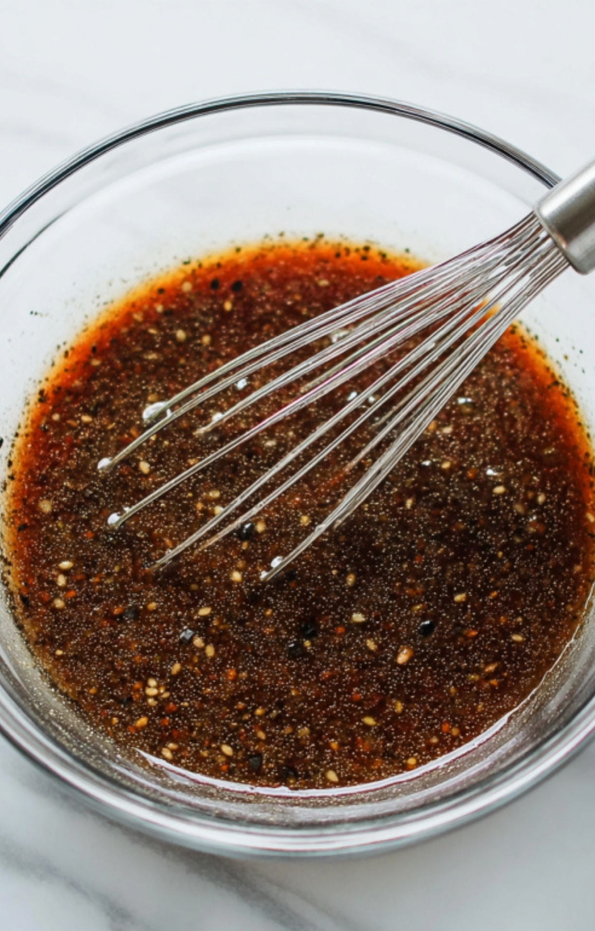 Whisking a rich, peppery stir fry sauce in a glass bowl for classic pepper steak.