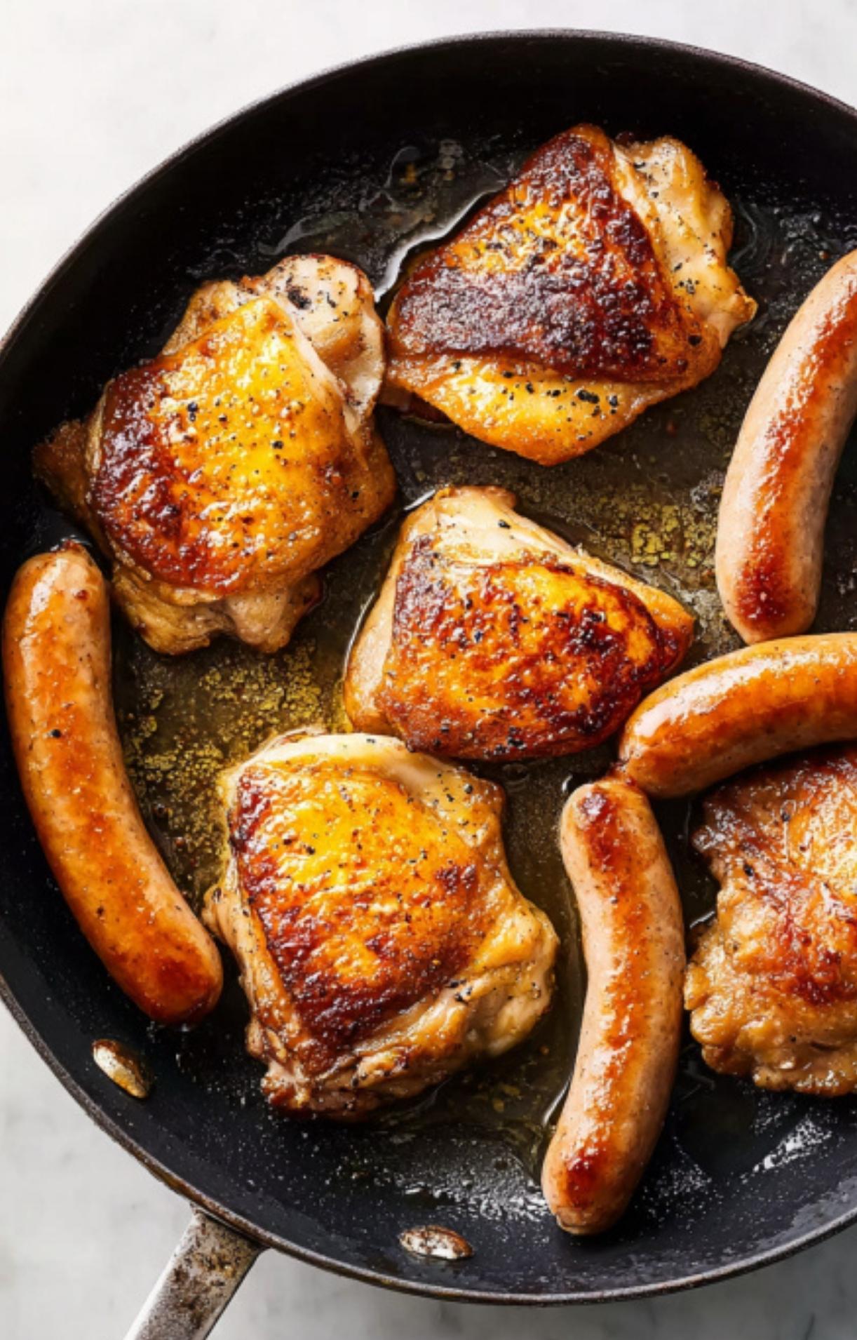 Golden brown chicken thighs and sausages searing in a skillet, the essential first step for building flavor in a simple cassoulet.