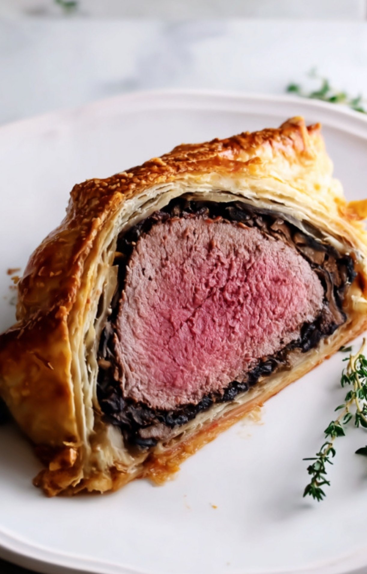 A close-up of sliced beef Wellington with juicy, medium rare filet mignon and flaky puff pastry, ideal for gourmet family meals.