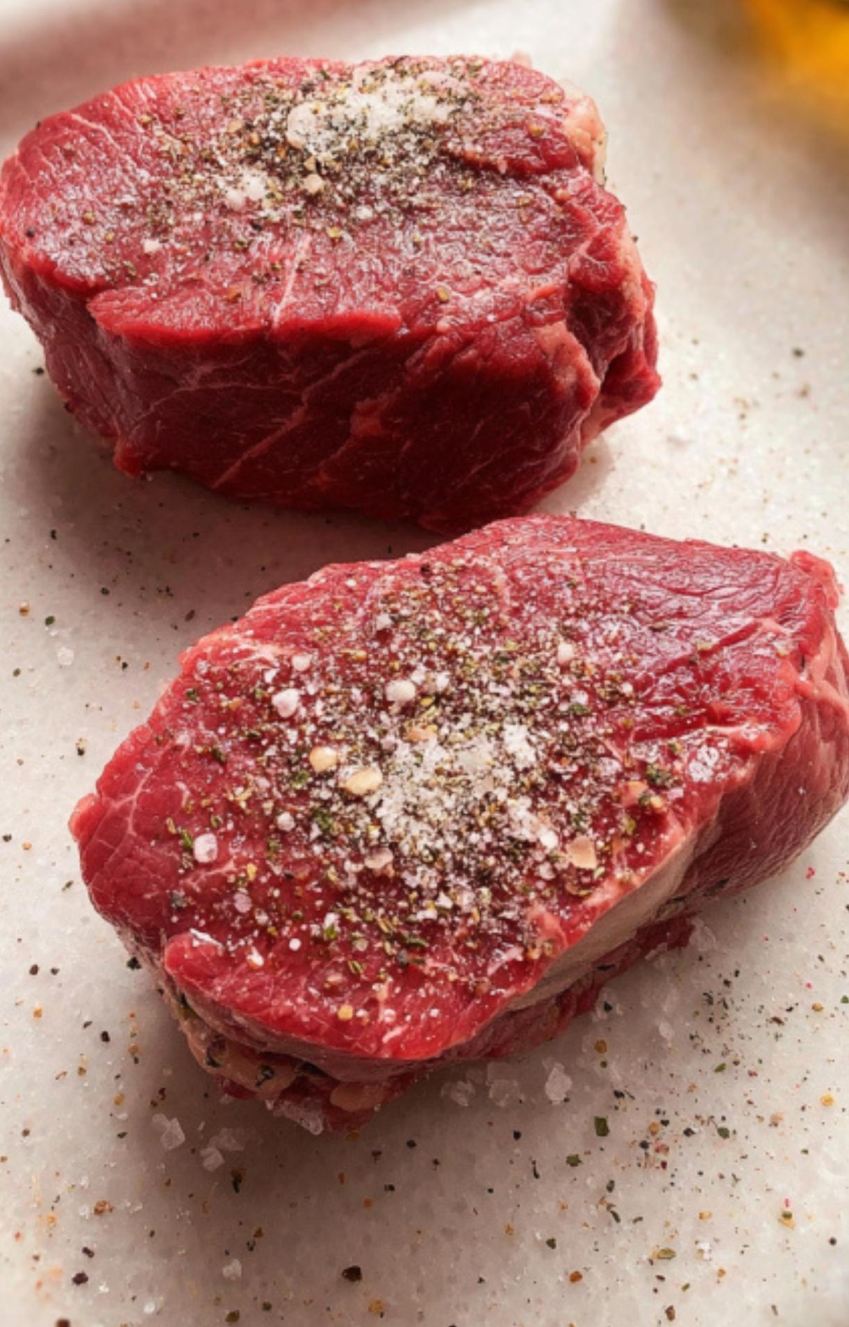 Two raw filet mignon steaks seasoned with salt and cracked black pepper, ready to be wrapped for homemade beef Wellington.