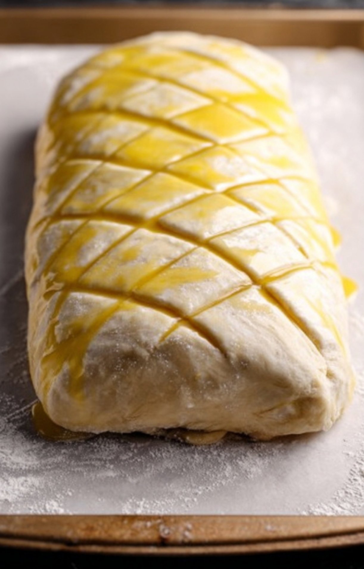 Unbaked smoked beef wellington brushed with egg wash on parchment