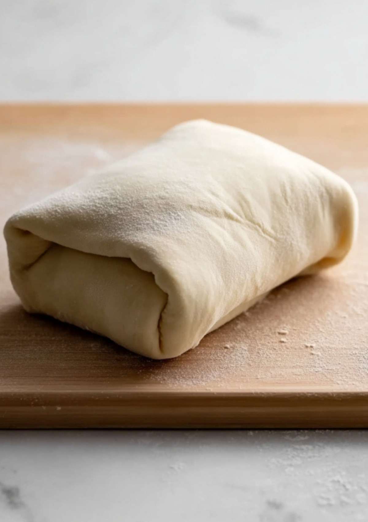 Freshly wrapped beef wellington with spinach, ready to bake on a wooden board, showing simple prep for an easy gourmet meal.