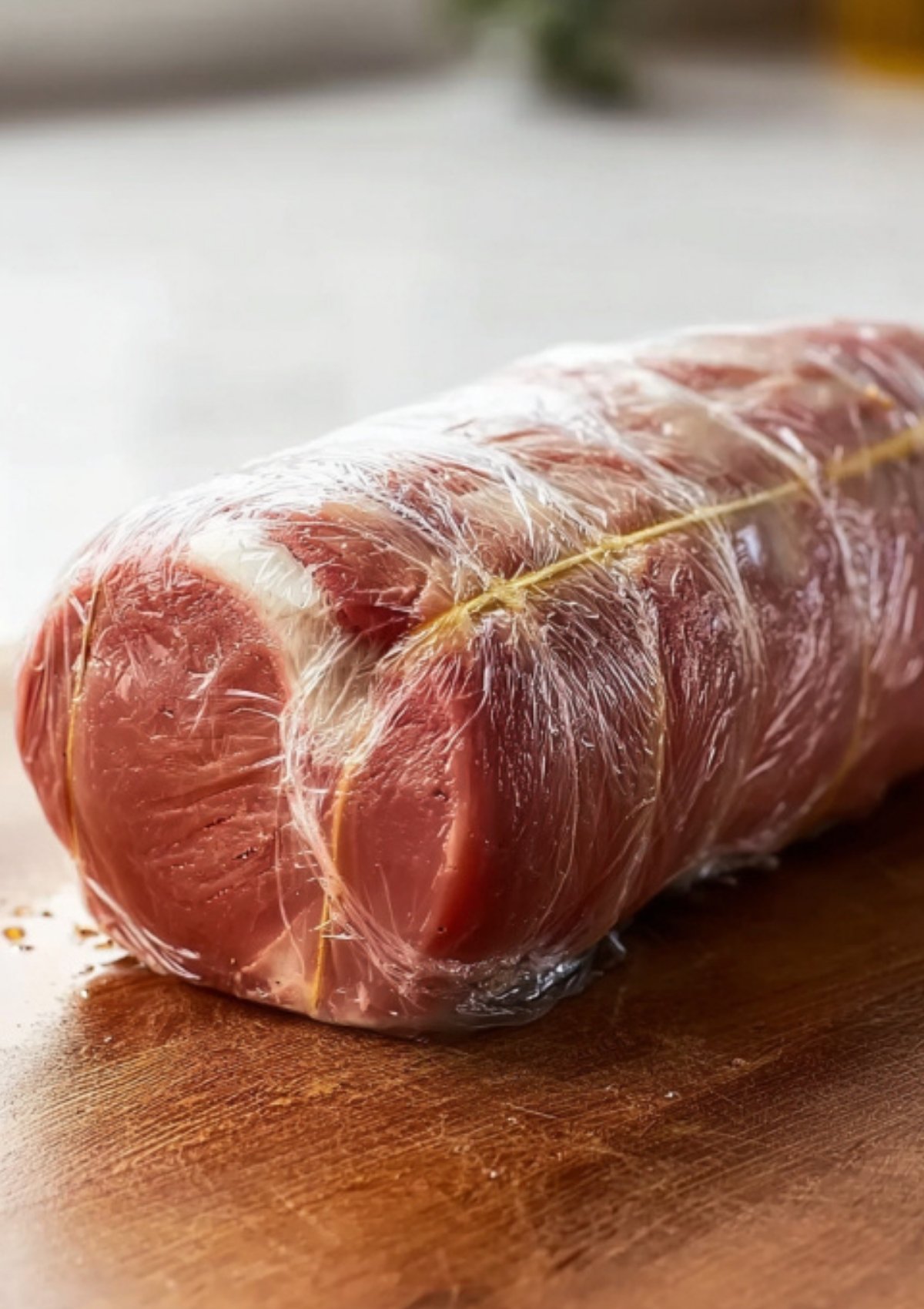 Raw beef tenderloin tightly wrapped in plastic wrap, tied for even shape, showing step-by-step prep for classic beef wellington recipes.
