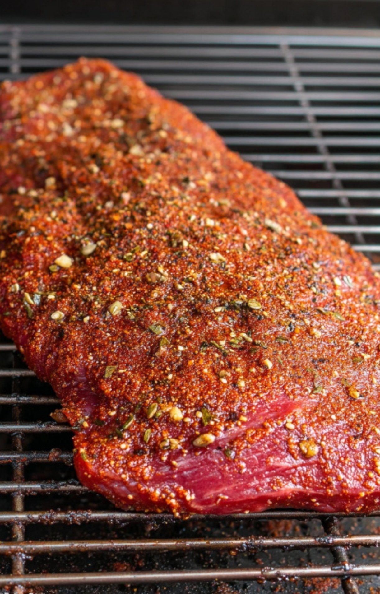 A well-seasoned flank steak placed on smoker grates, slow-cooking for tender and juicy results, perfect for outdoor BBQ nights.