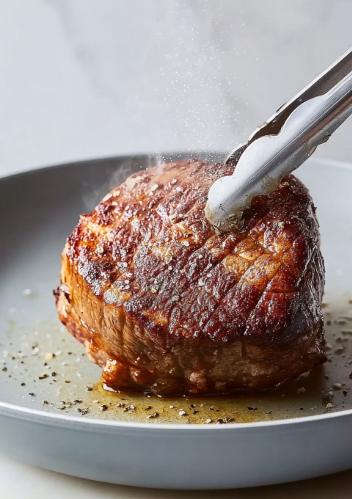 Beef fillet being seared in a pan with tongs, an important step for juicy and flavorful gluten free beef wellington.