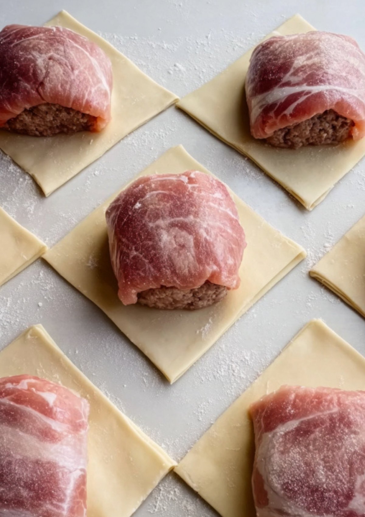 Seasoned beef patties wrapped in prosciutto and set on puff pastry squares, ready to fold and bake. Simple recipe step for perfect beef wellingtons at home.